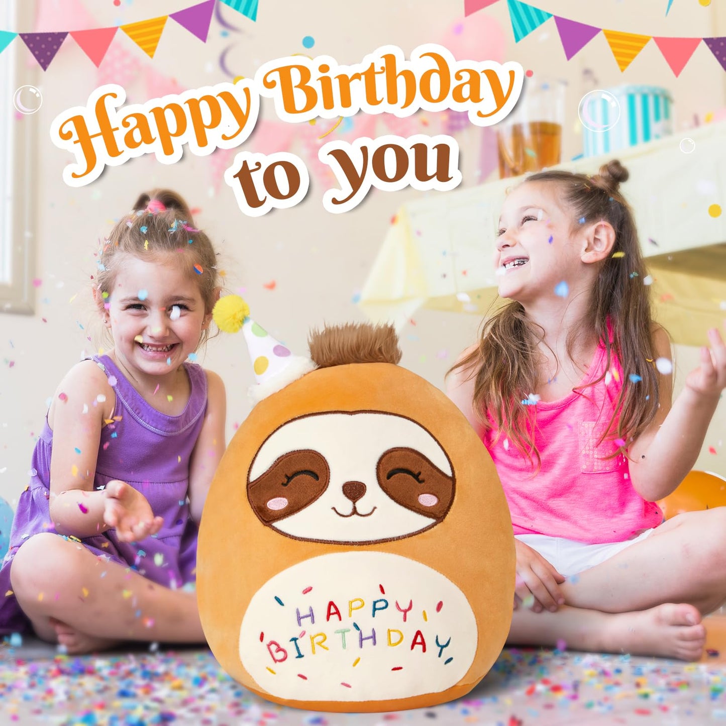 15" Birthday Sloth Plush Pillow Soft Sloth Plush Toy Cute Stuffed Animal Home Room Decoration Birthday Gift for Kids Toddlers Brown