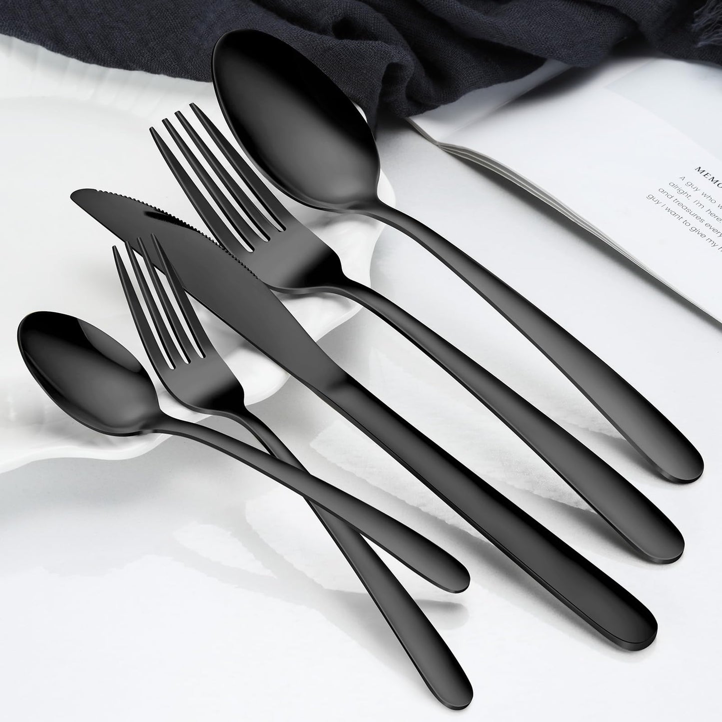 Hunnycook 60-Piece Black Silverware Set - Service for 12, Includes Forks Spoons and Knives, Utensil Sets for Home Kitchen Restaurant, Dishwasher Safe