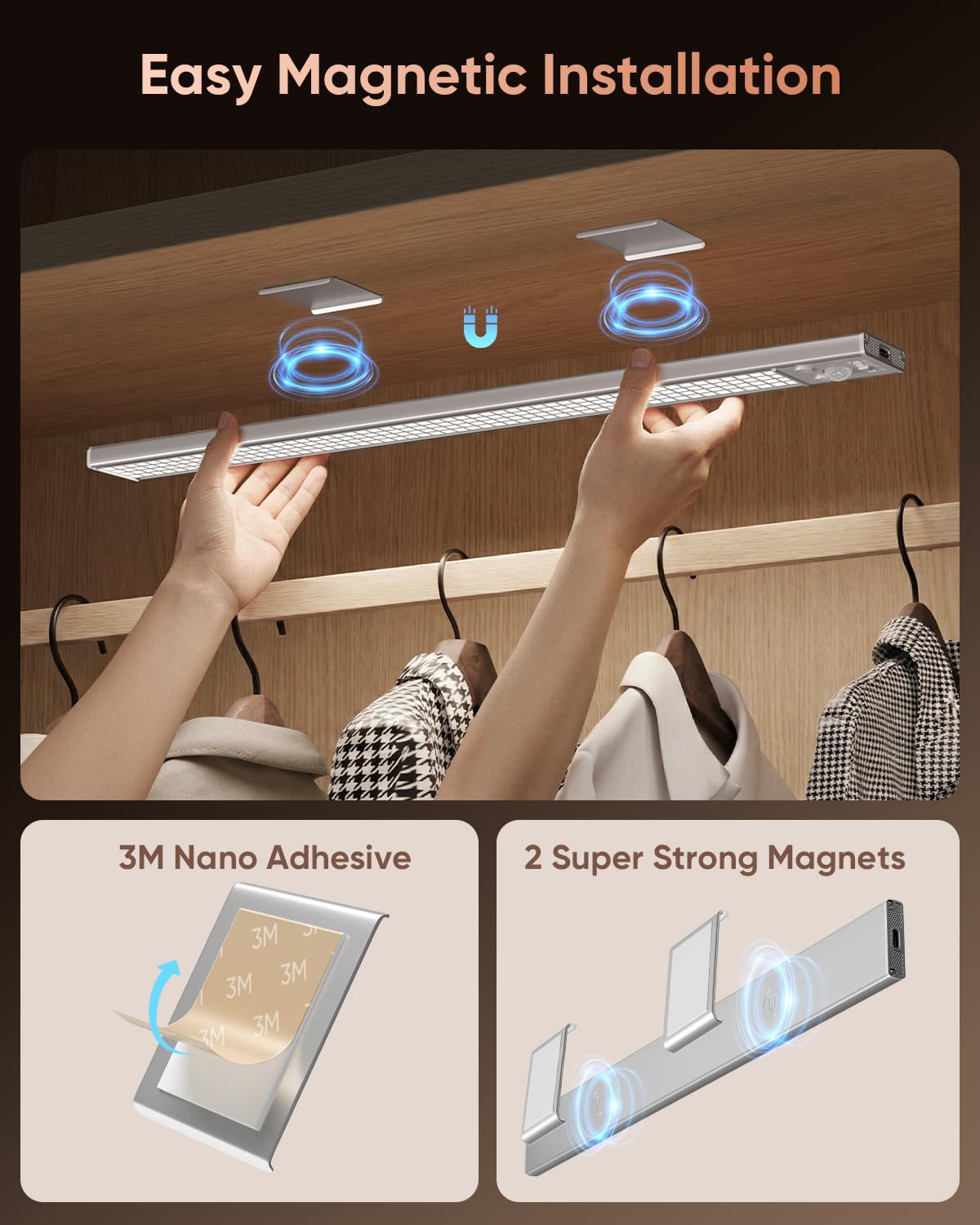 16inch Under Cabinet Lighting, 216LED Motion Sensor Light Indoor, Rechargeable Closet Lights, 3 Color Temps, Dimmable, Wireless Under Counter Lights for Kitchen, Stairs, Pantry, 4 Pack