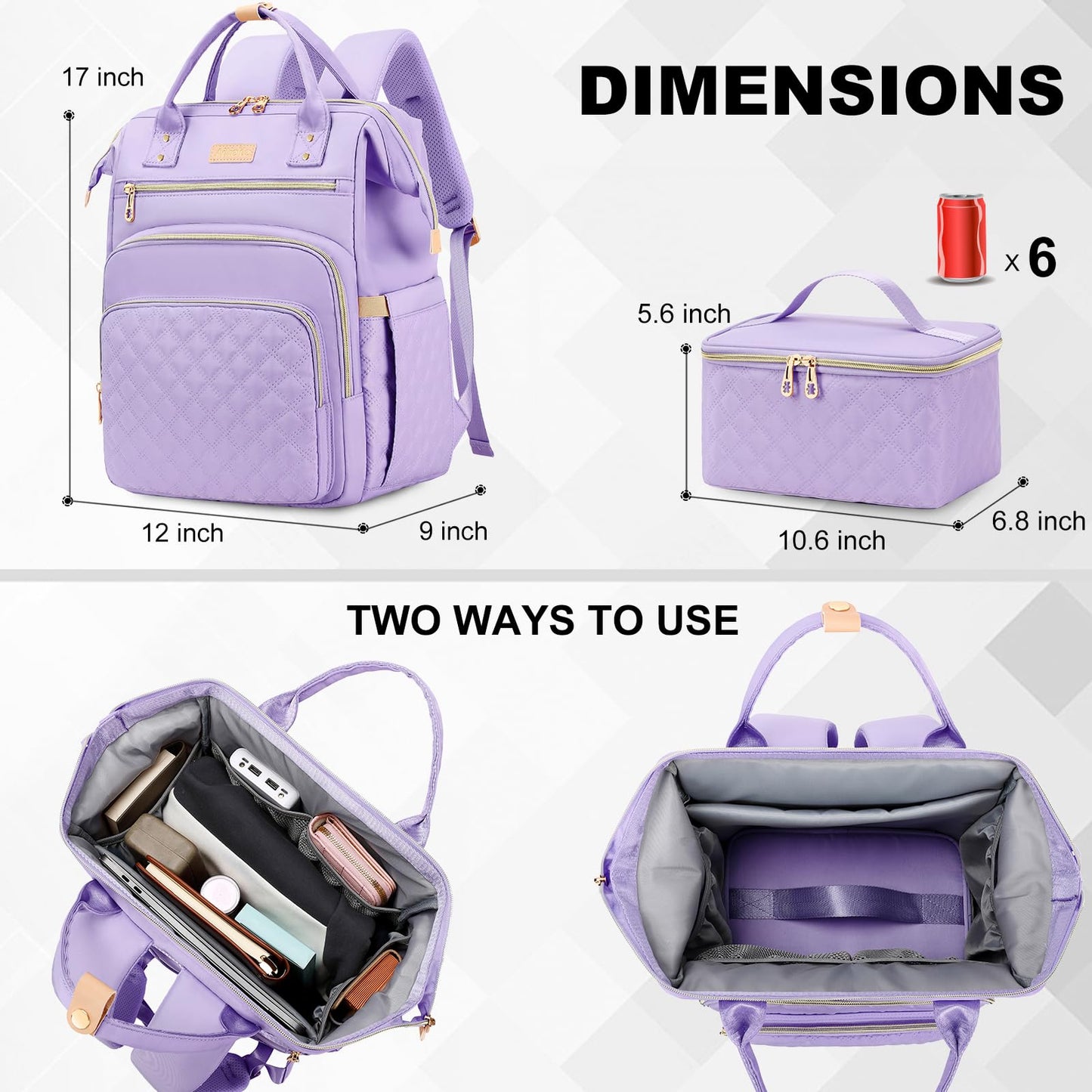 AIJIEKE Lunch Backpack for Women, 15.6 Inch Laptop Backpack with Detachable Insulated Cooler Lunch Box, 2-in-1 Water Resistant Work Computer Bag for Nurse Teacher College Commute, Purple