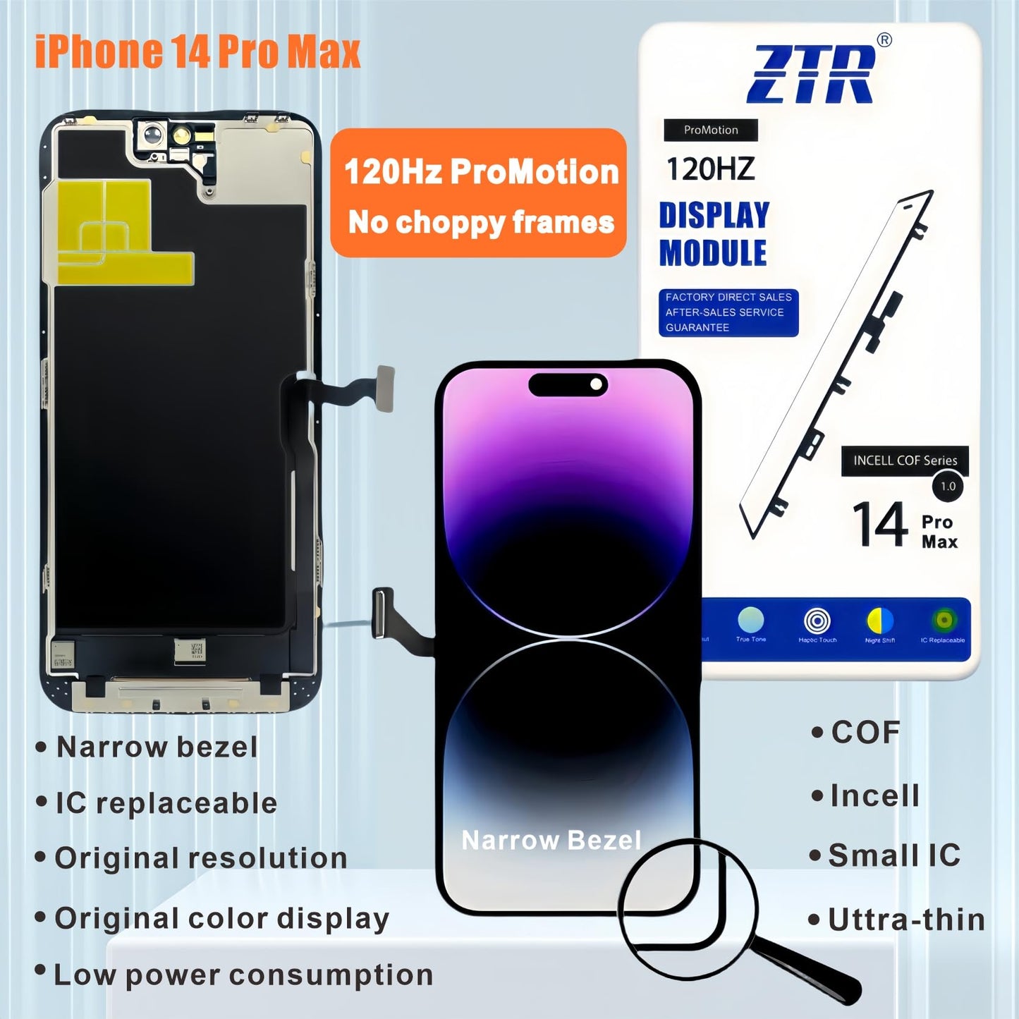 ZTR for iPhone 14 Pro Max Screen Replacement, 6.7'' COF LCD Display and Touch Digitizer Full Assembly with Repair Tool Kits, 120Hz Promotion, Screen Protector (for A2651, A2893, A2896, A2895, A2894)
