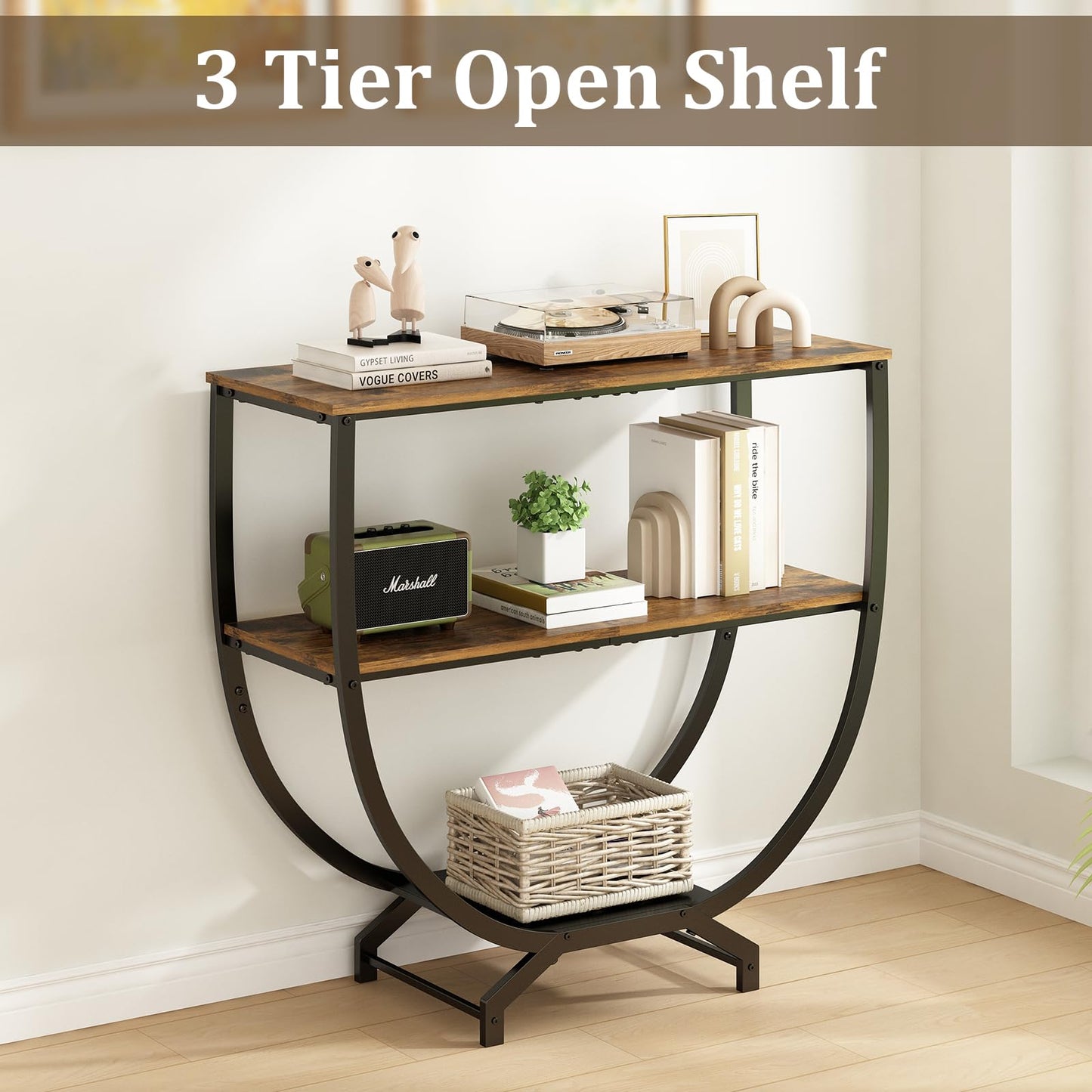 GILLAS 3 Tier Console Tables, 30" Height Entryway Table, Sofa Table Behind Couch, Industrial Entryway Furniture TV Stand with Storage for Living Room, Easy No-Extra-Tools Assembly, Rustic Brown