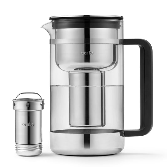 Aarke Purifier Glass Water Pitcher, Refillable Stainless Steel Filter, 8-Weeks Performance, BPA-Free, Dishwasher Safe, Pure & Enriched Refill Granules, 1.66L (7 Cups) Capacity