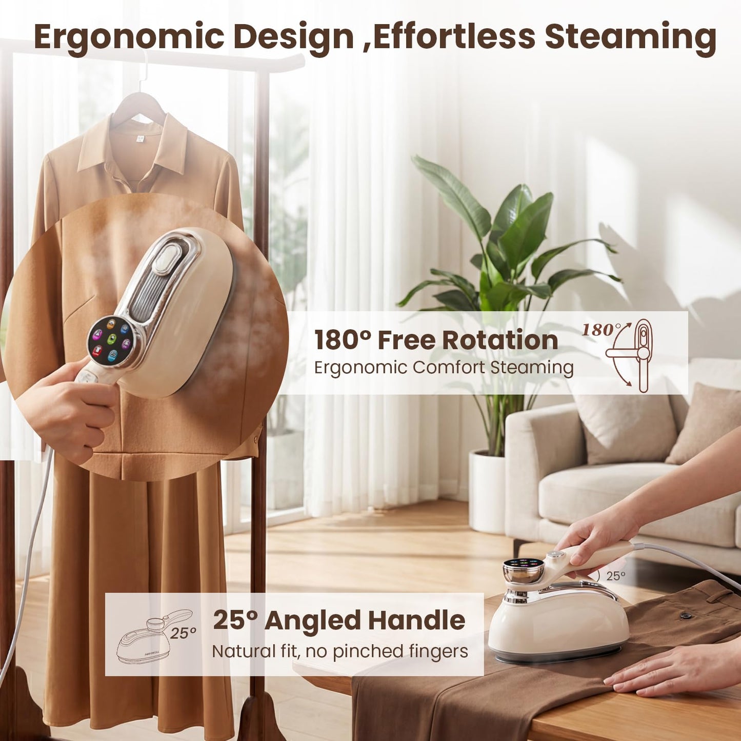 AURISWELL Handheld Steamer for Clothes, 1200W Portable 2-in-1 Garment Steamer & Travel Iron with 7 Modes, 180° Rotatable Handle, Fast 8s Heat-Up, Visual Panel & Self-Clean, 160ml for Home