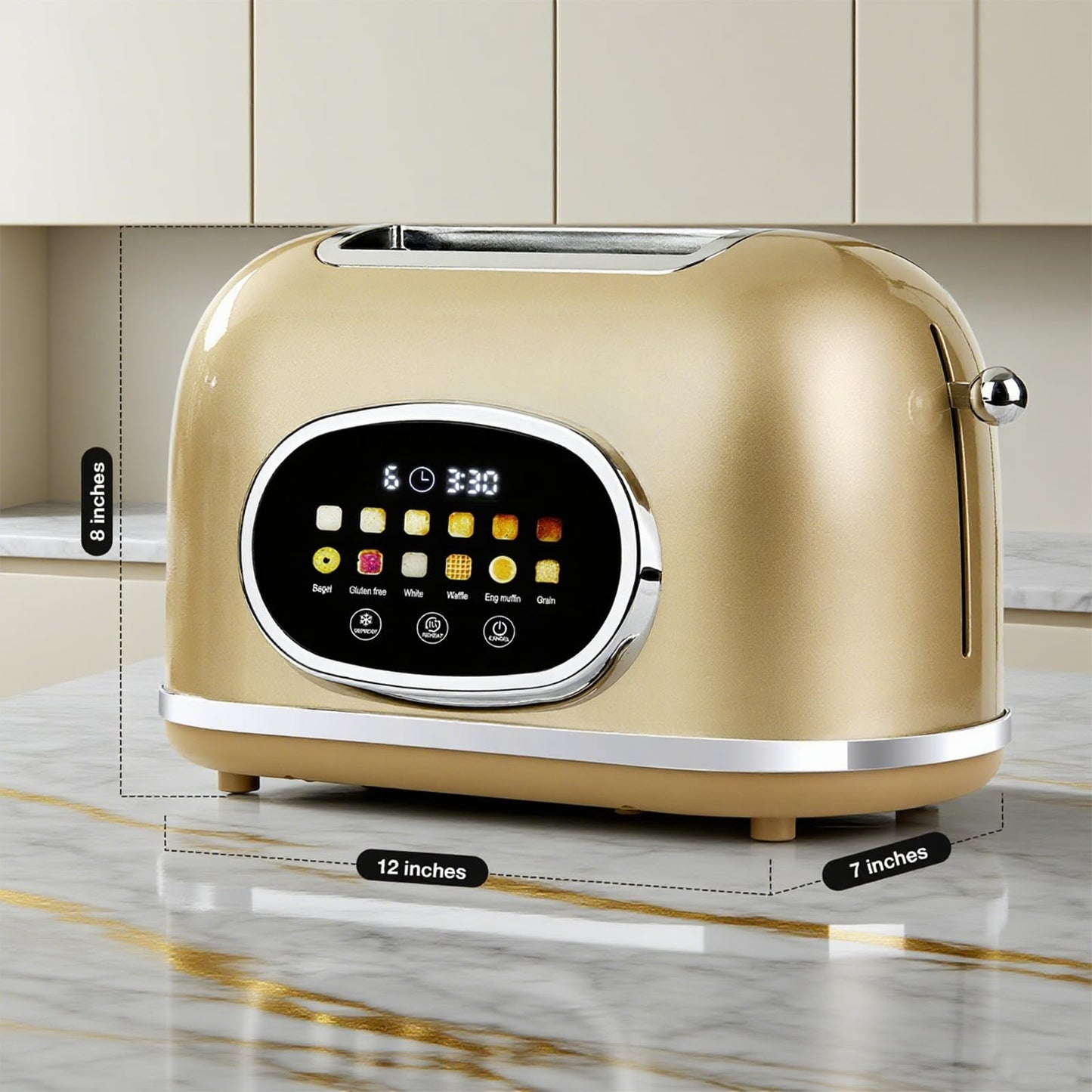 Roter Mond 2 Slice Toaster Smart Touch Screen, Retro Stainless Steel Bread Toaster with Digital Timer, Sleep Mode, Bagel, Cancel, and Defrost Functions, 6 Bread Types and Shade Settings, Gold