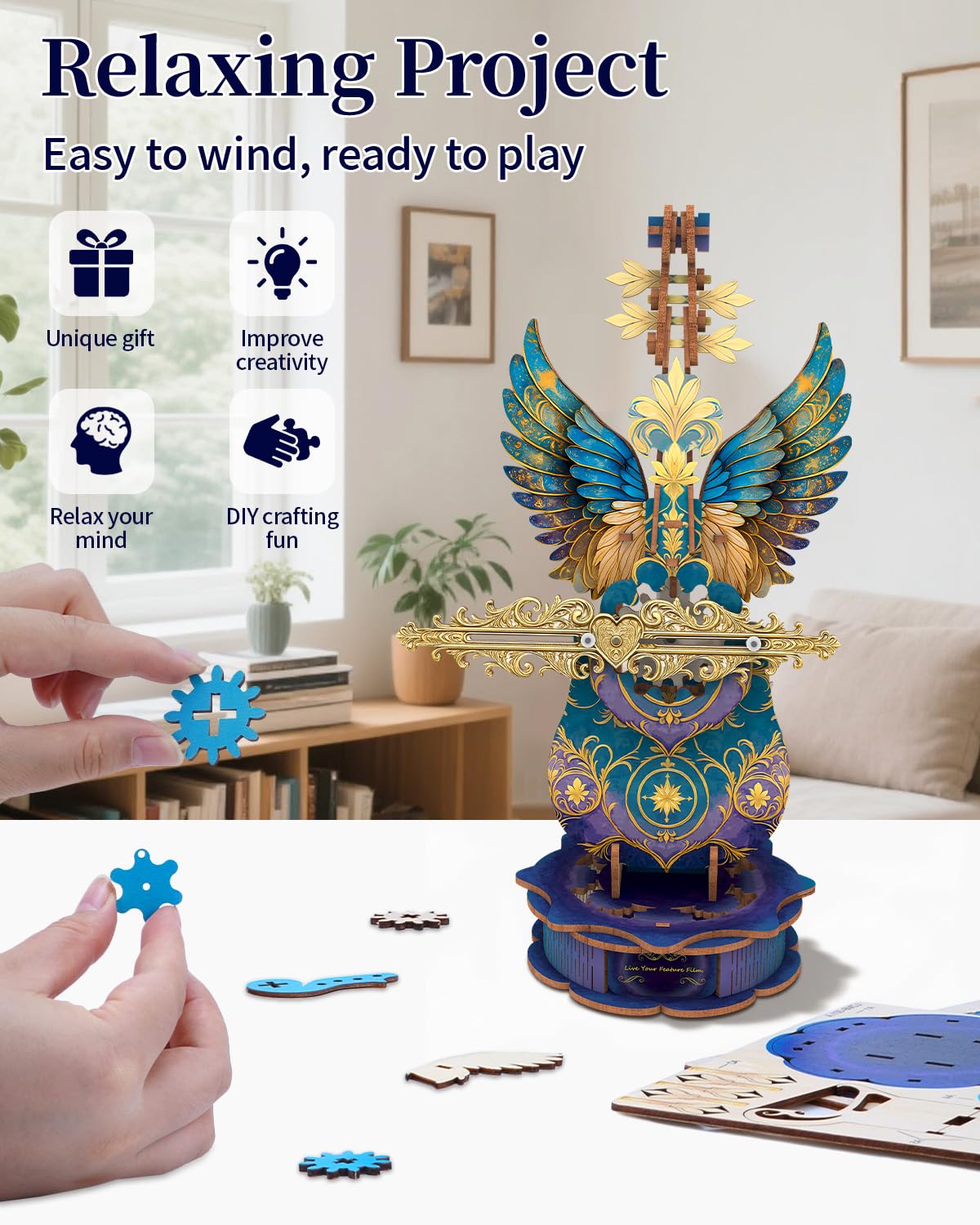 Rnfinewow 3D Puzzles for Adults, Mechanical Wooden Cello Music Box Puzzles, DIY Blue Feather Cello Music Box Crafts Model Kits for Home Decor Holiday Birthday Gifts