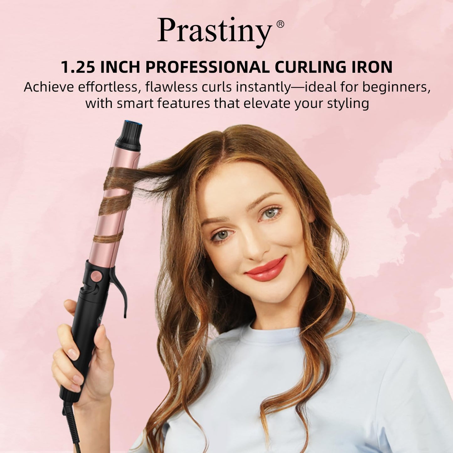 Prastiny Smart Timer Hair Curler Iron 1.25inch Ceramic Coating Large Barrel Hair Curling Wand with LCD Display and Foldaway Safety Stand Dual Voltage for Travel Medium and Long Hair