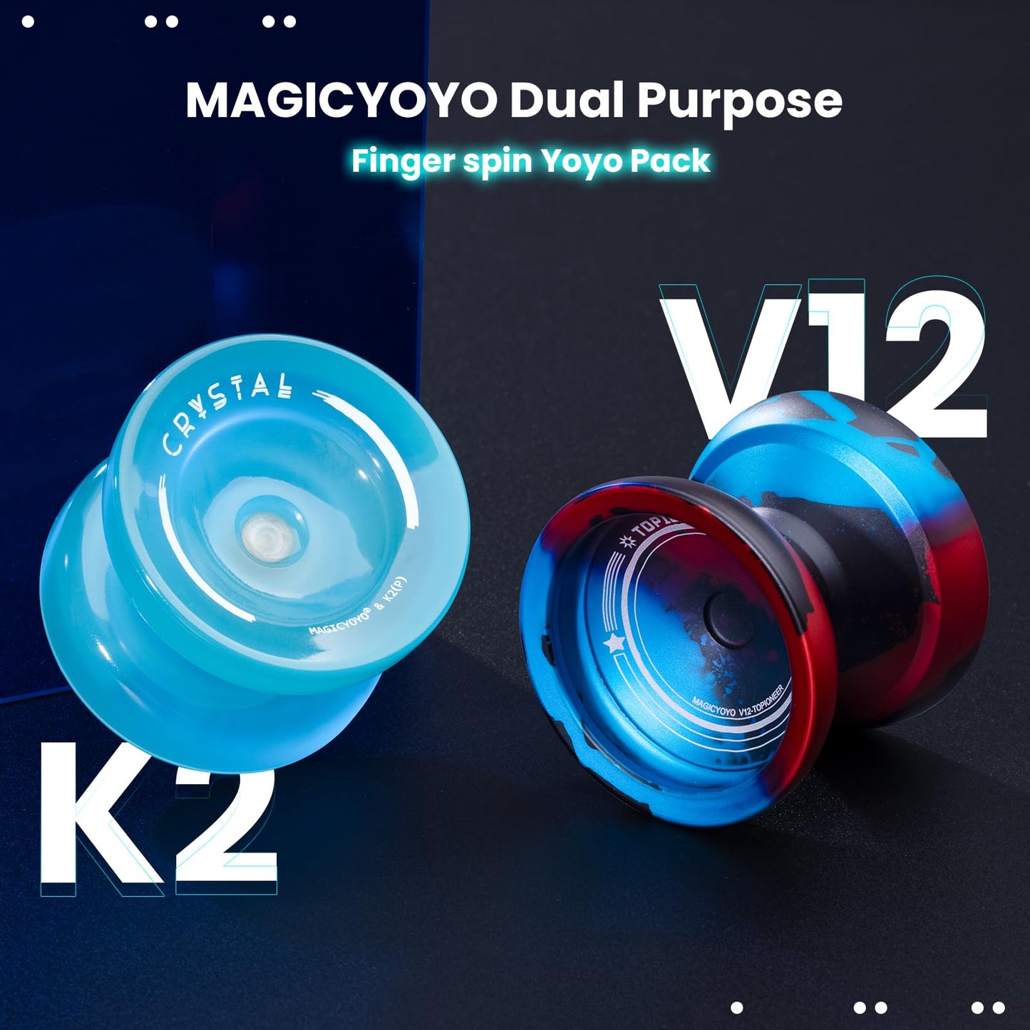 MAGICYOYO Finger Spin Yoyo Pack of Metal Yoyo V12 + Plastic Yoyo K2, Responsive yoyo for Kids 8-12, Professional Yoyo for Adults, Dual Function yoyos with Concave Bearing Kit, 12 Yoyo Strings