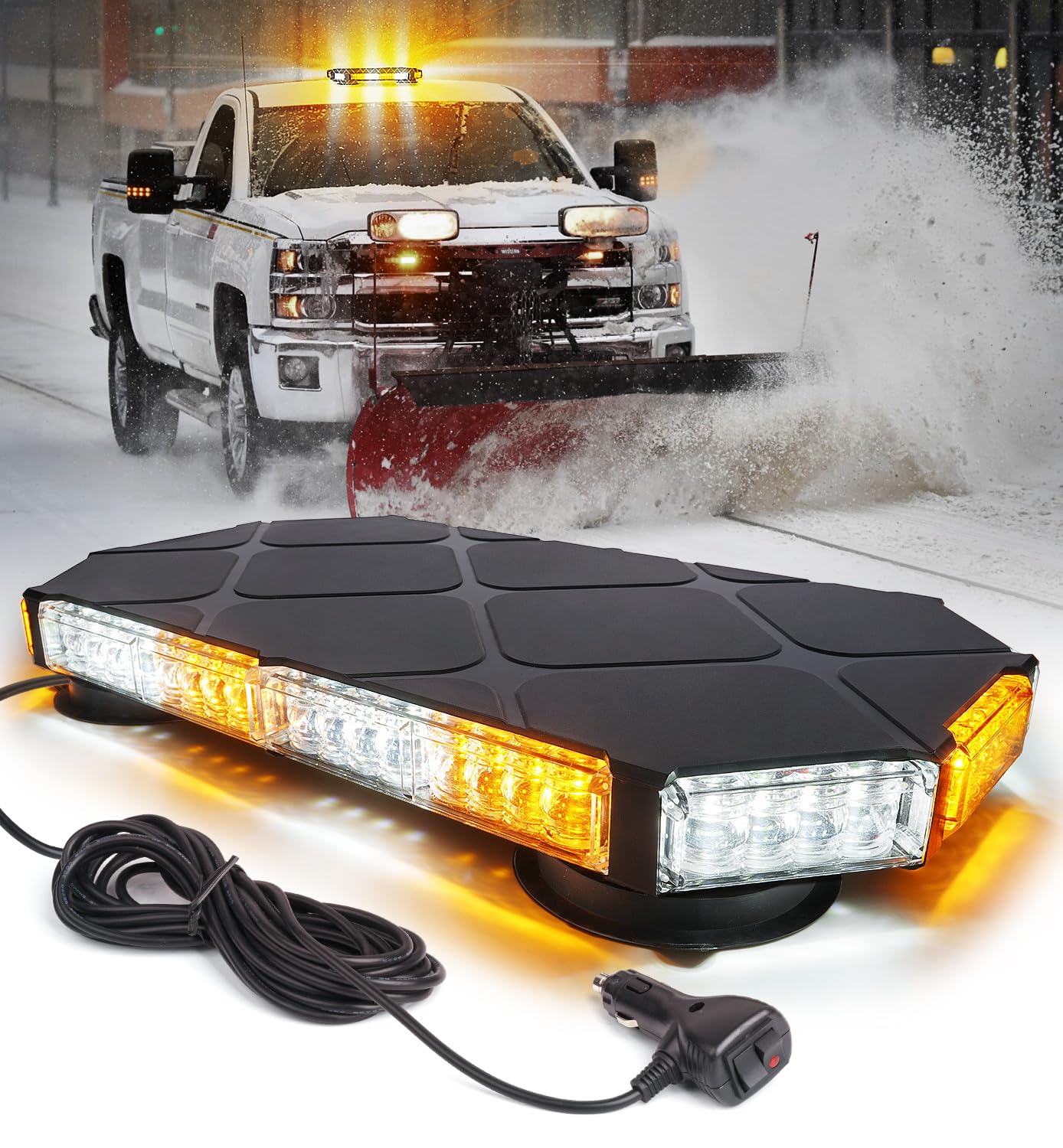 LUMENIX 56 LED Roof Top Strobe Beacon Lights Bar Rooftop Hazard Warning Emergency Safety Flashing Plow Light for Construction Vehicles Tow Commercial Trucks Postal Security Cars Snowplow - Amber White