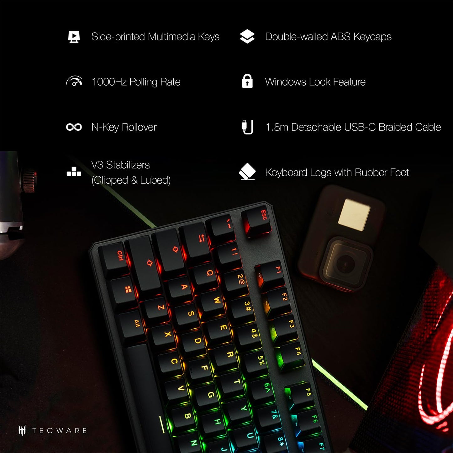 TECWARE Phantom+ 87 Key Mechanical Gaming Keyboard, RGB led, TKL 75% Keyboard, Thocky Sounding, Wraith Brown Switch