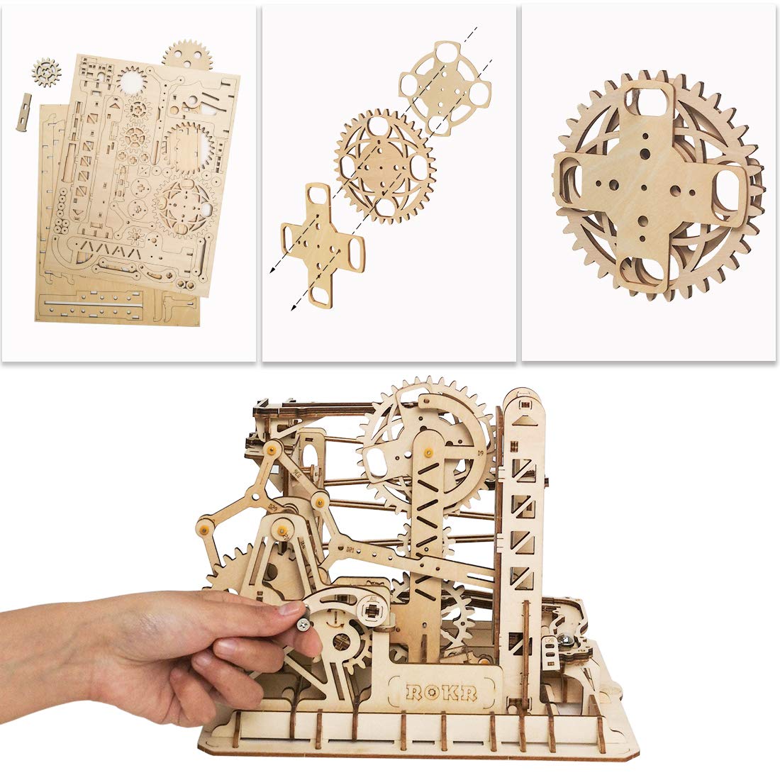 ROKR 3D Assembly Wooden Puzzle Brain Teaser Game Mechanical Gears Set Model Kit Marble Run Set Unique Craft Kits Christmas/Birthday/Valentine's Gift for Adults Age 14+