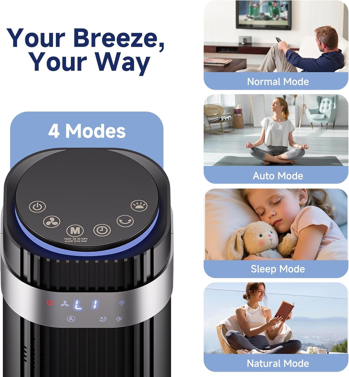 Alpen Tower Fan for Bedroom, 28db Quiet for Sleep Bladeless Tower Fan with Remote 5 Speeds & 4 Modes 12h Timer, Oscillating Standing Fan for Home Indoor, Black