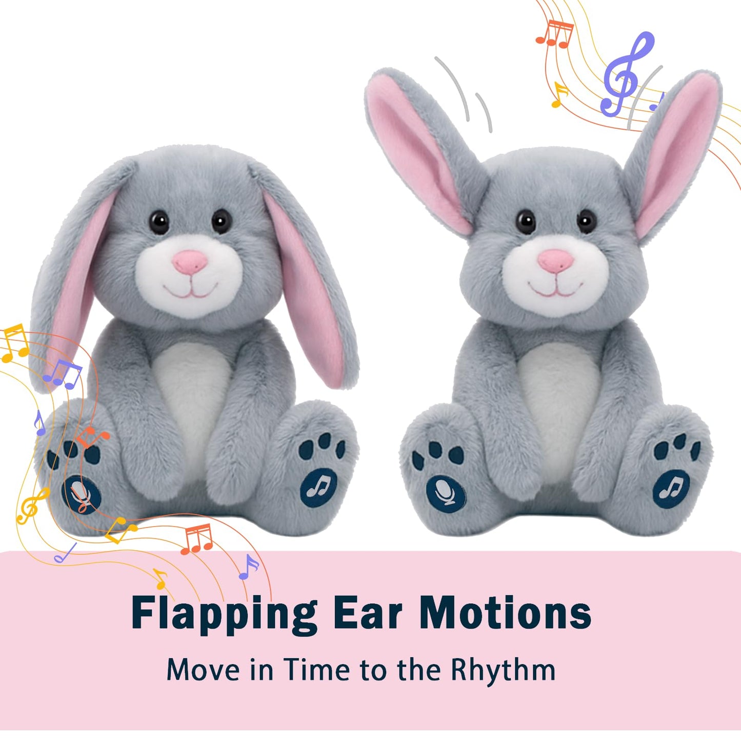 YH YUHUNG Easter Bunny Interactive Talking Plush Toy, Voice Repeat & Record, 10 Songs with Flapping Ears, Volume Control, Animated Stuffed Rabbit Easter Basket Stuffers for Toddlers Kids, Soft Gray
