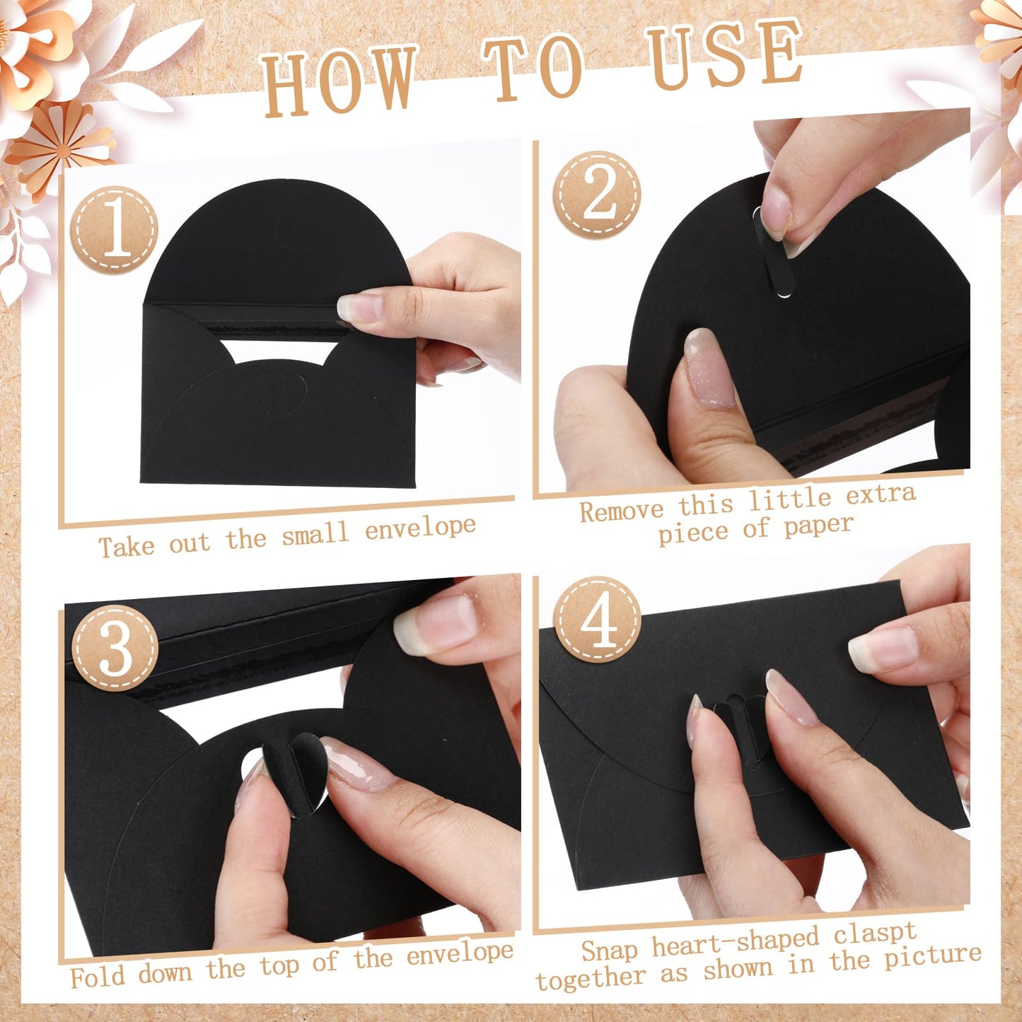 Uiifan 300 Pcs Window Gift Card Envelopes 4 x 2.8 Inch Gift Card Sleeves Mini Envelopes with Heart Shaped Clasp for Business Party Invitation (Black)