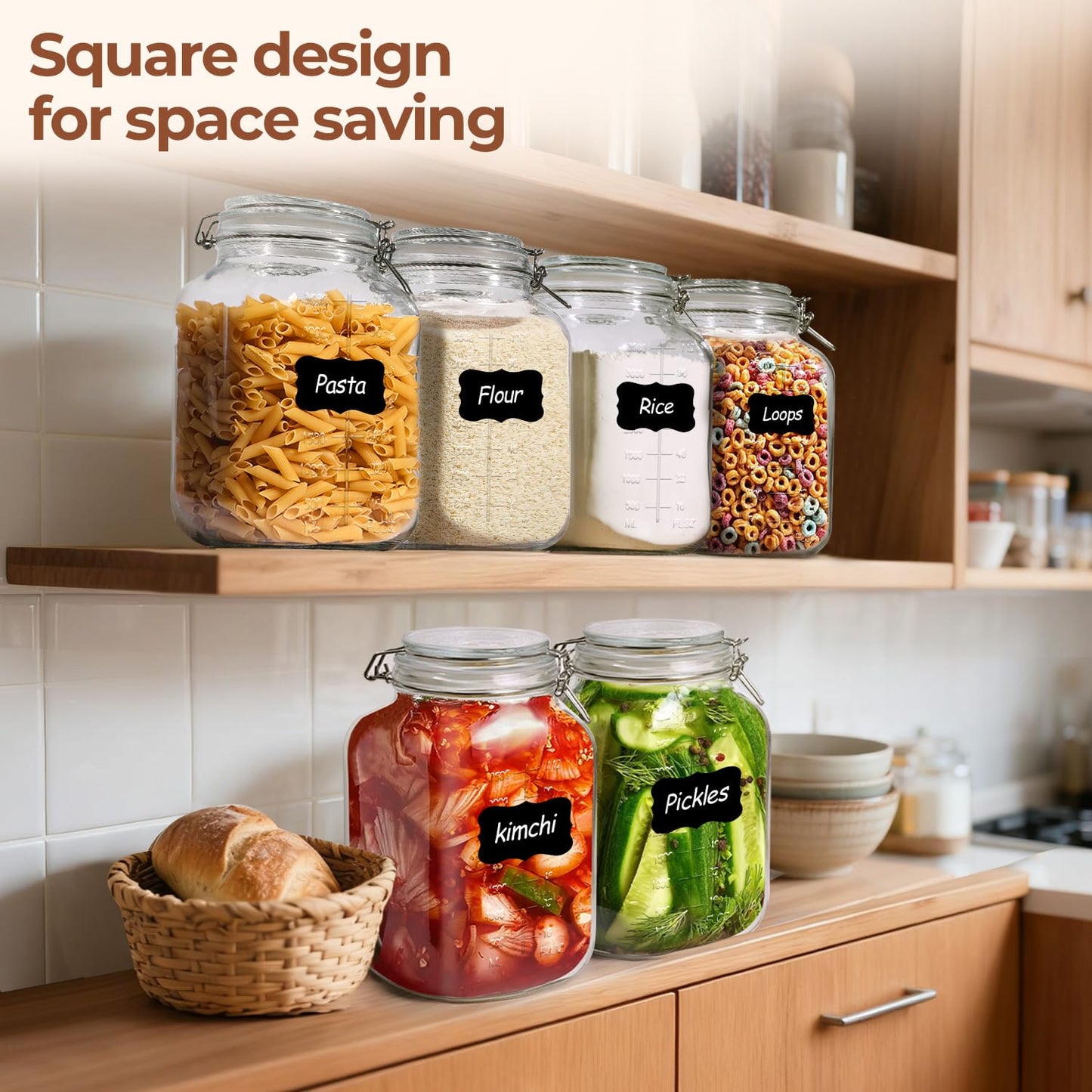 ComSaf 1 Gallon Square Glass Jars with Airtight Lids (135oz, Set of 2), Extra-Wide Mouth Canisters with Measurement Marks for Bulk Flour Storage, Fermenting Kombucha & Pickling
