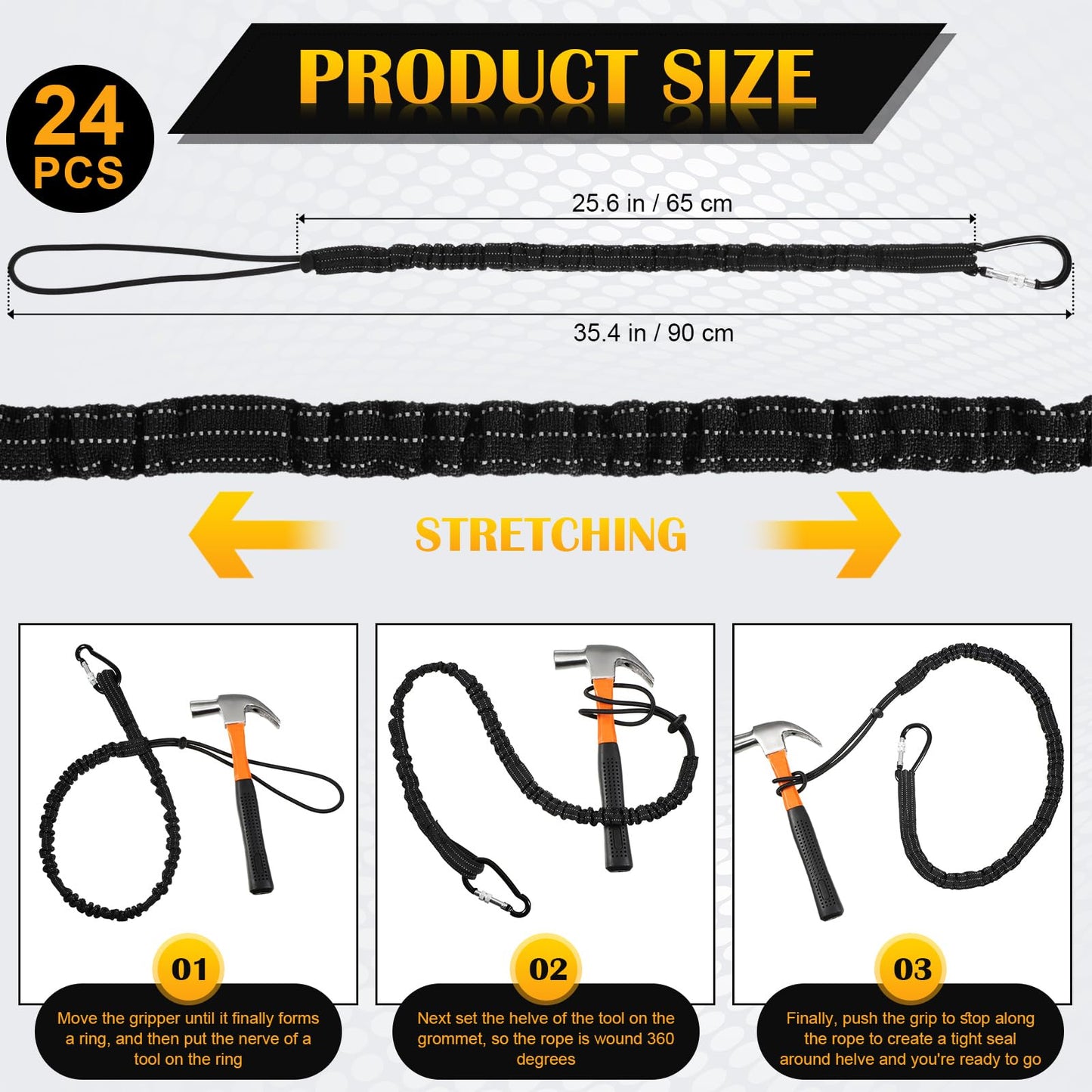 LEIFIDE 24 Pcs Tool Lanyard Standard Length Safety Tool Leash 17.6lb 8kg Tough Adjustable Fall Protection Tether with Aluminum Screw Lock Buckle, Shock Cord Stopper and Retractable Loop End, Black
