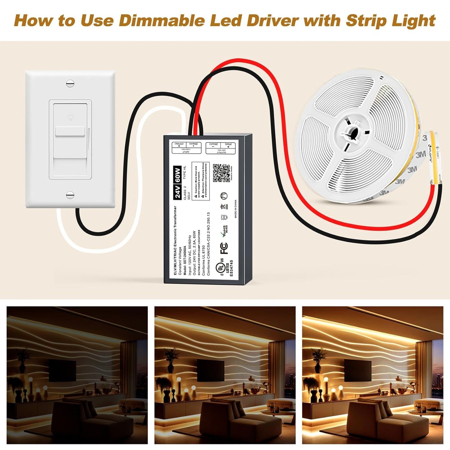 Dimmable LED Driver, Triac ELV/MLV LED Transformer Compatible with Lutron&Leviton Switches, Dimmable Led Power Supply for LED Light Stirps, Smooth Flicker Free Dimming (60W24V, 2)