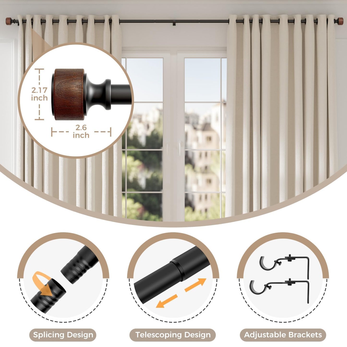Wood Curtain Rods for Windows 66 to 120 Inch, 1” Diameter Adjustable Curtain Rod with Imitation Wood Grain Finials, Decorative Heavy Duty Drapery Rod Set, Indoor/Outdoor Modern Curtains Rods