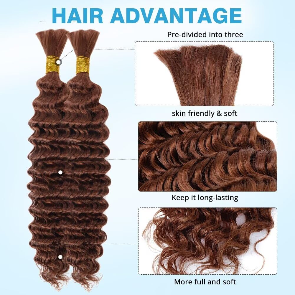 Brown Human Braiding Hair Deep Water Wave Bulk Human Hair 100g 18 Inch Color 30 Curly Human Hair for Boho Braids Hair Extensions No Weft 2 Braids Per Pack Wet and Wavy Human Hair Braiding Hair