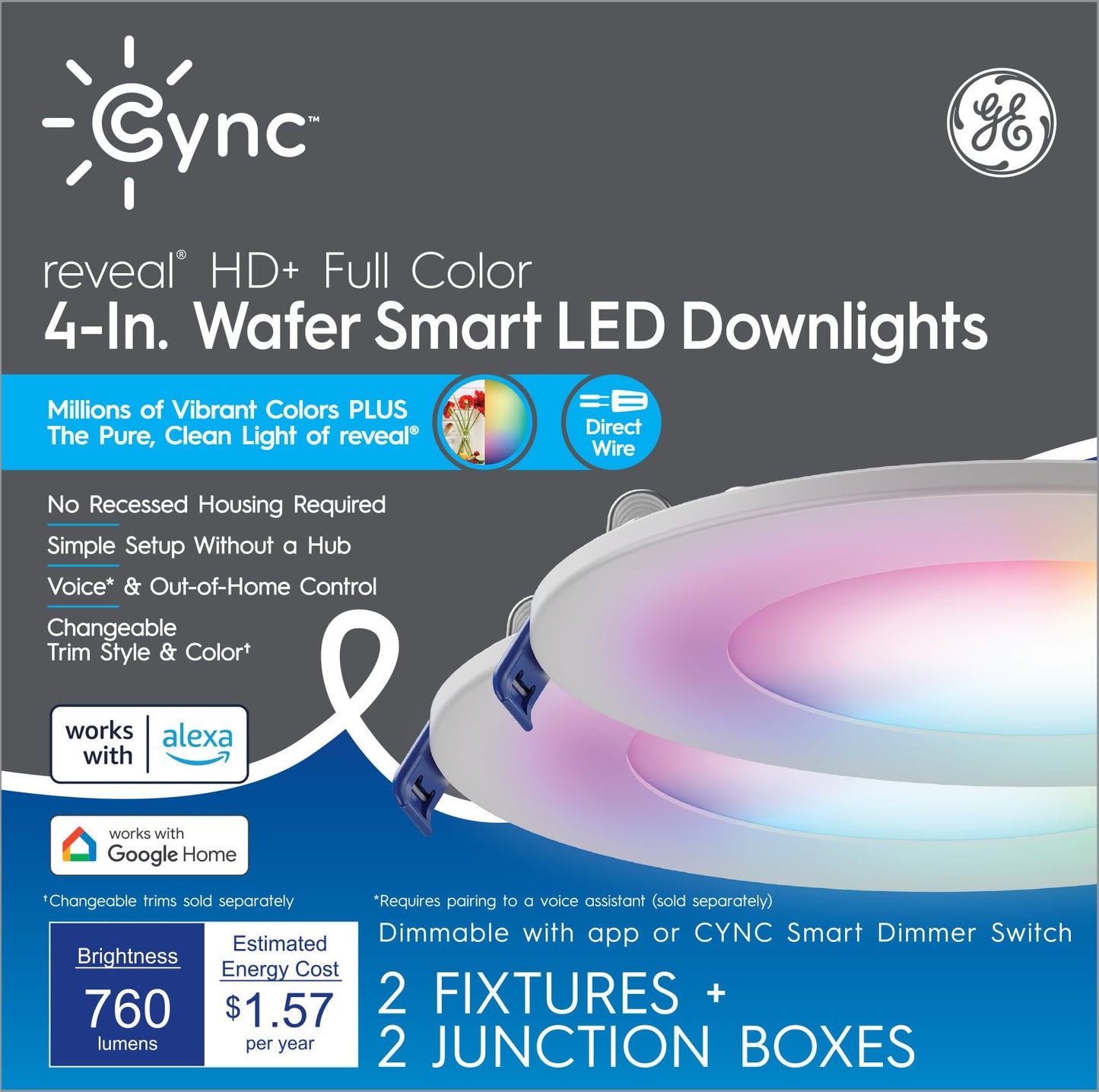 Cync GE Reveal HD+ Wafer Smart LED Downlight Fixture, Full Color Changing Lights, WiFi and Bluetooth LED Lights, 760 Lumens, Works with Google Home and Amazon Alexa, 4 Inches (2 Pack)