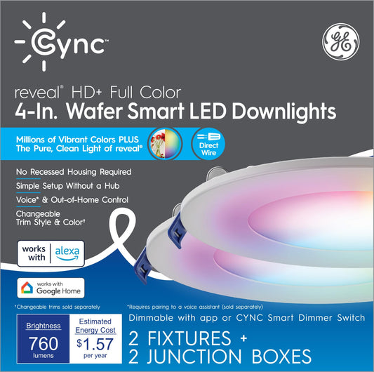 Cync GE Reveal HD+ Wafer Smart LED Downlight Fixture, Full Color Changing Lights, WiFi and Bluetooth LED Lights, 760 Lumens, Works with Google Home and Amazon Alexa, 4 Inches (2 Pack)