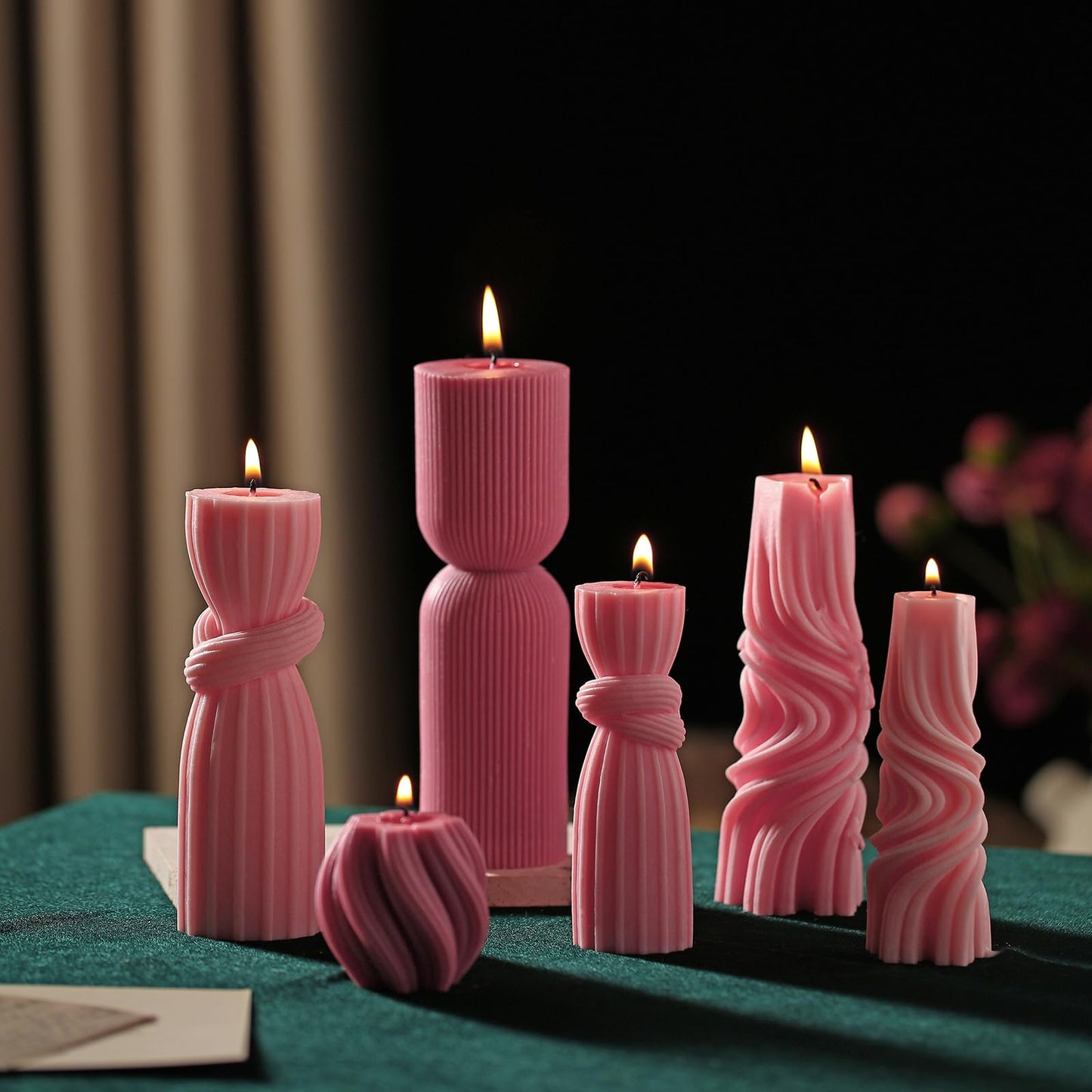 Threlaco 6 Pcs Pillar Candles Modern Aesthetic Ribbed Decorative Candle Set Cute Soy Wax Scented Ribbed Decor for Home(Pink,2.36-6.89 Inch)
