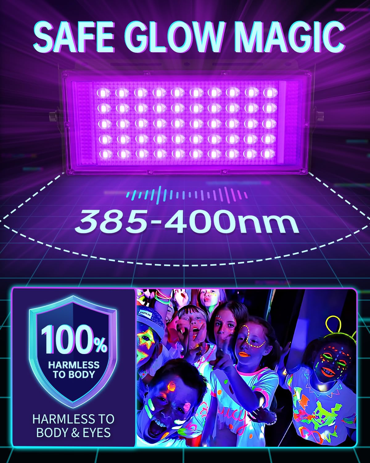 50W Black Lights with Switch+Plug, IP66 Waterproof, LED Blacklight Flood Light for Glow Party, Halloween, Bedroom, Fluorescent Poster, Body Paint, 4 Pack