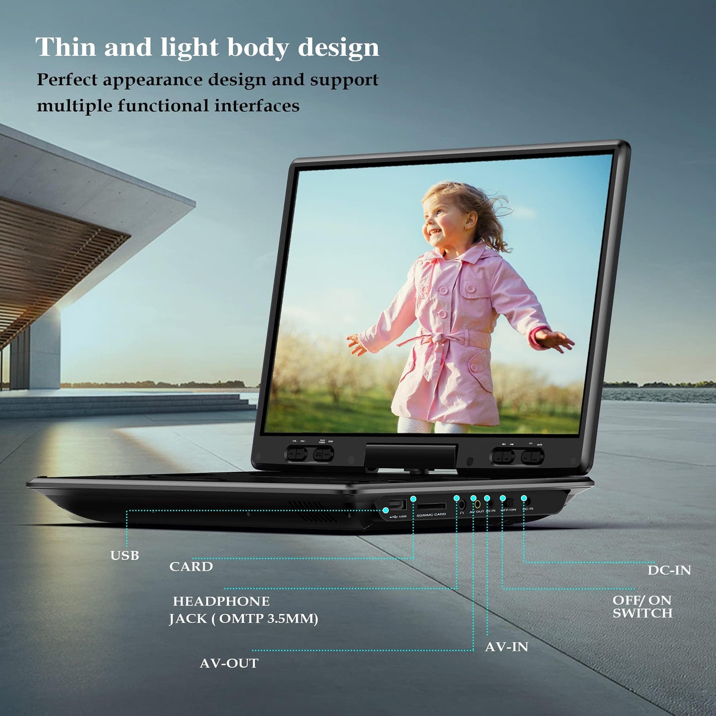 14.9" Portable DVD Player with 12.5" Large HD Swivel Screen, 6 Hours Rechargeable Battery, Exclusive Button Design, Car Headrest Mount Provided, High Volume Speaker, Support CD/DVD/SD Card/USB