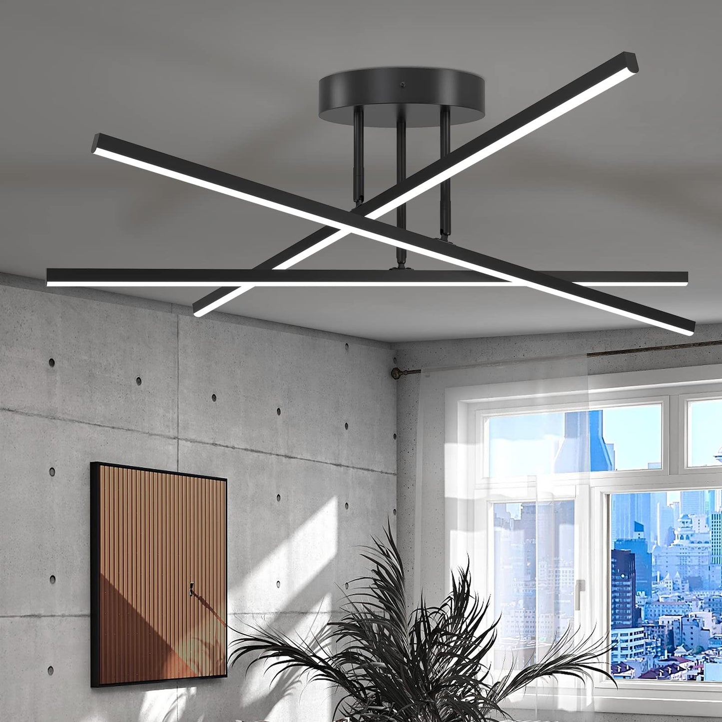 AIRYPHANT Modern LED Chandelier 24W Dimmable Black Semi Flush Mount Ceiling Light Fixture for Kitchen Dining Room Foyer Entry, 23.82"