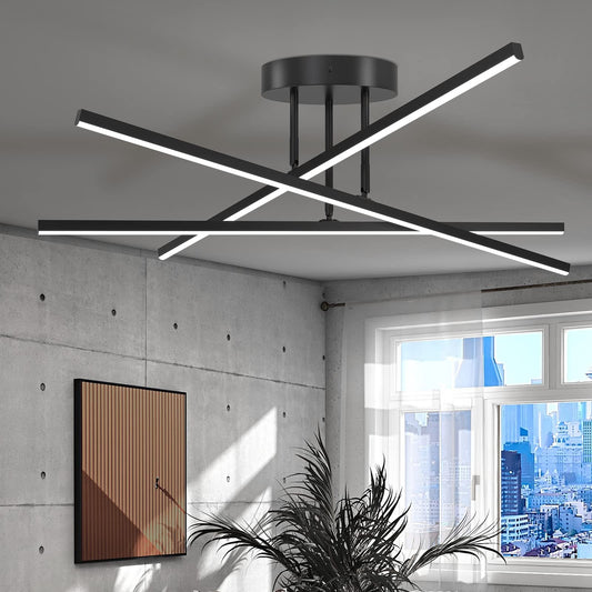 AIRYPHANT Modern LED Chandelier 24W Dimmable Black Semi Flush Mount Ceiling Light Fixture for Kitchen Dining Room Foyer Entry, 23.82"