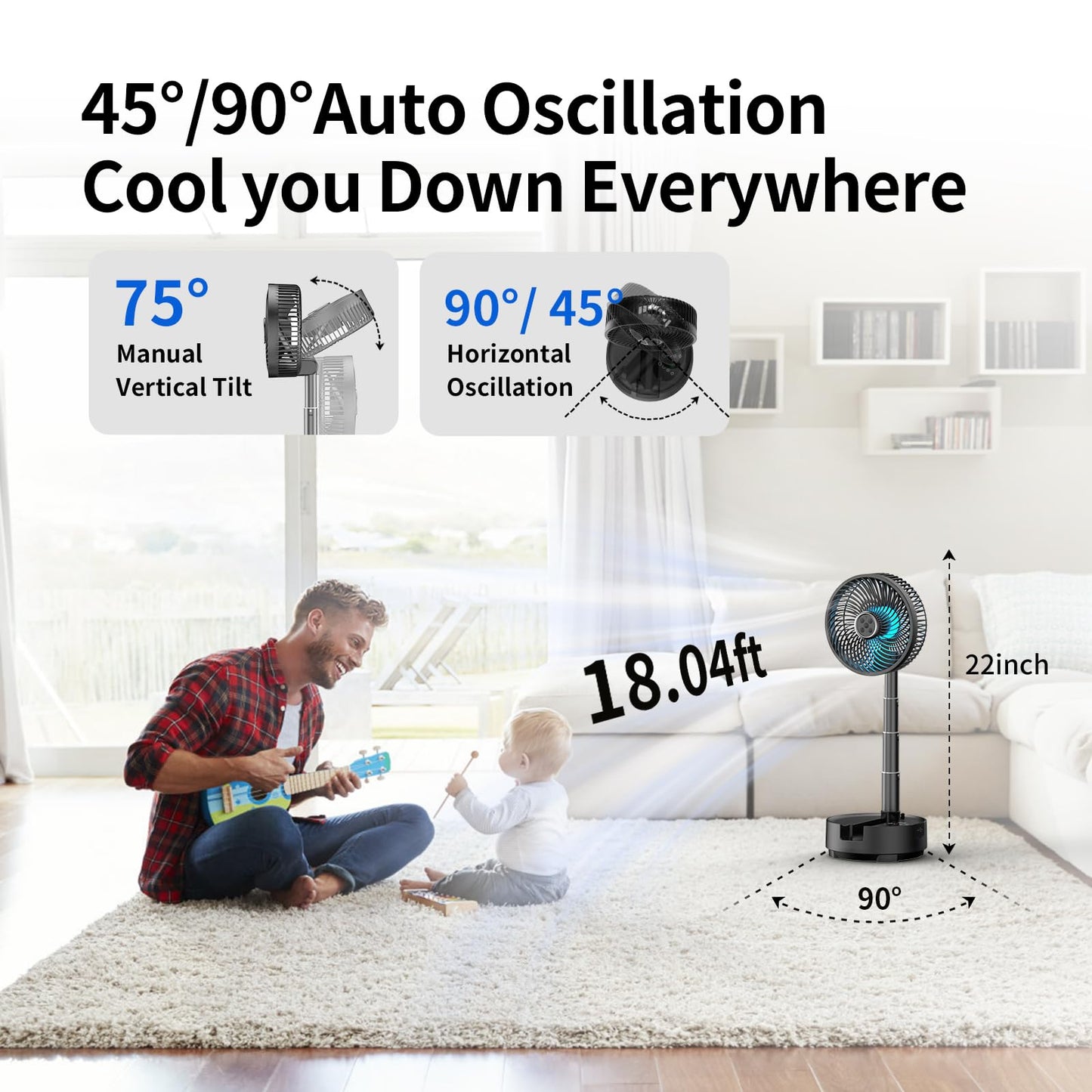 Socool 20000mAh Portable Fan Foldable Wireless Battery Rechargeable with 8-Speed & 112H, 90° Osciliating Floor Standing Fan Remote, Desk Fan with 8H Timer & LED Light for Home Kitchen Travel Camping