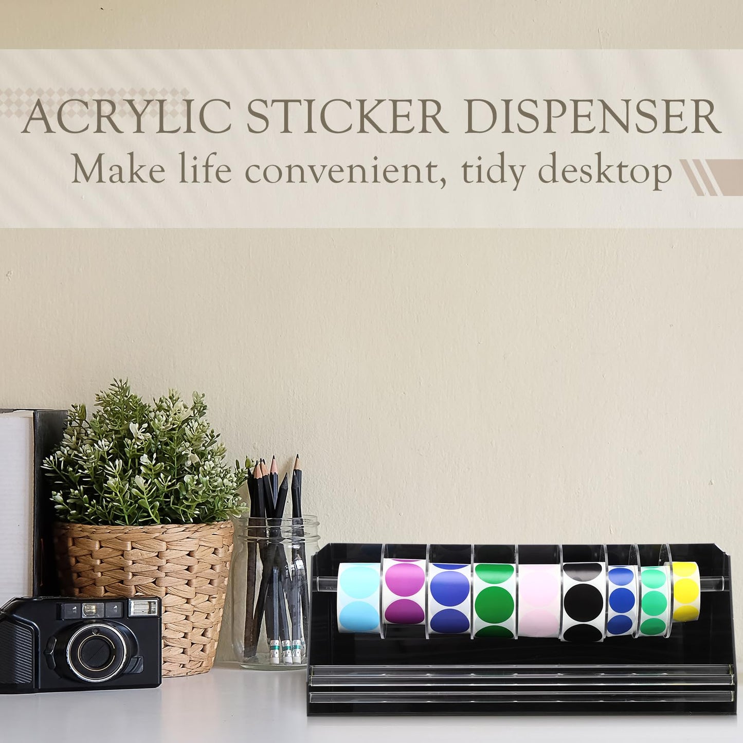 Feifeiya Adjustable Label Dispenser Acrylic Sticker Roll Dispenser Label Roll Holder Multi Use Sticker Holder Organizer Stand for Home Office Restaurant Kitchens Bakeries and Cafes(9 Disks)