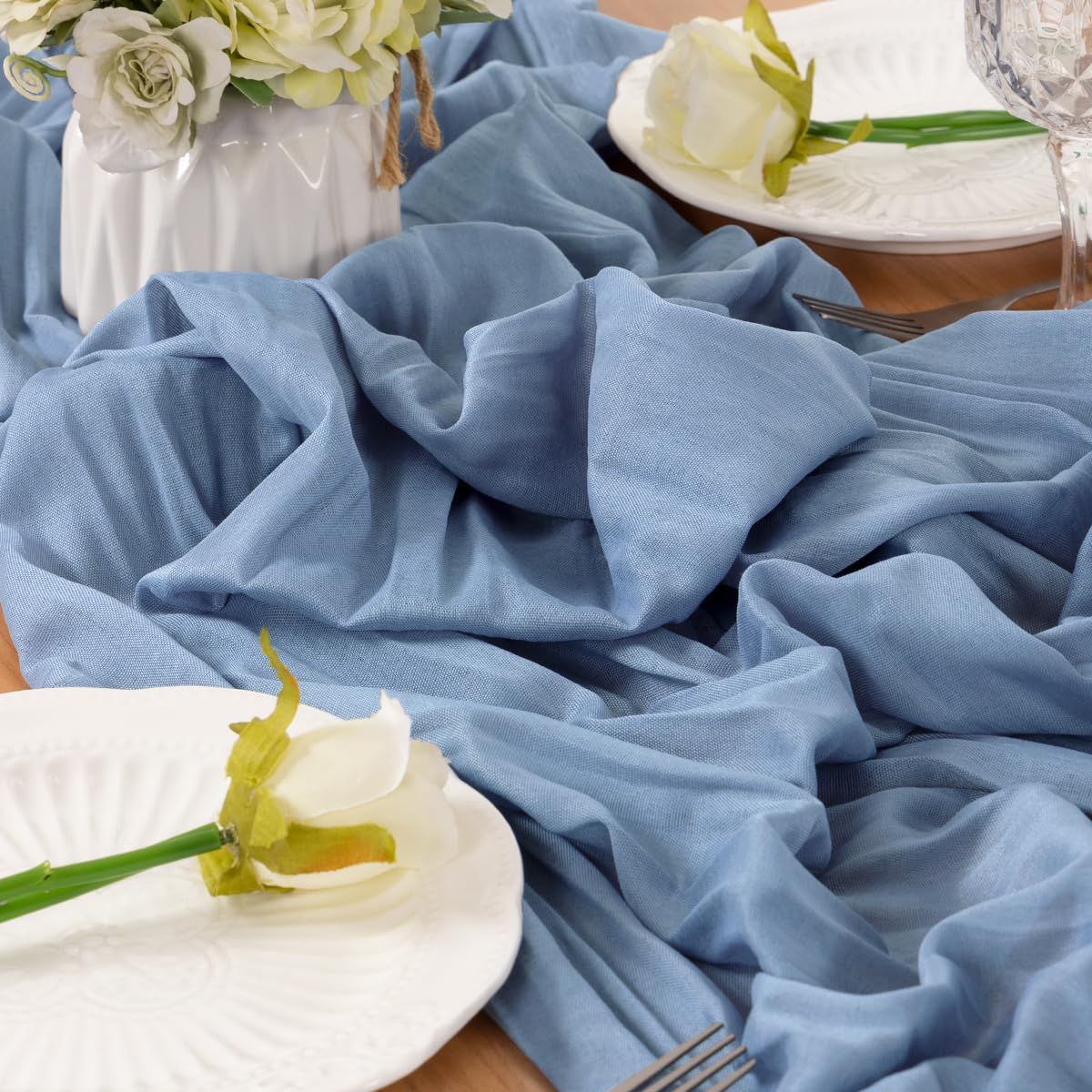 LINXTAR Dusty Blue Table Runner Cheesecloth Table Runner 10 Pack 10FT Rustic Table Runners 35 x 122 Inches Boho Decoration for Home Wedding Baby Shower Birthday Party