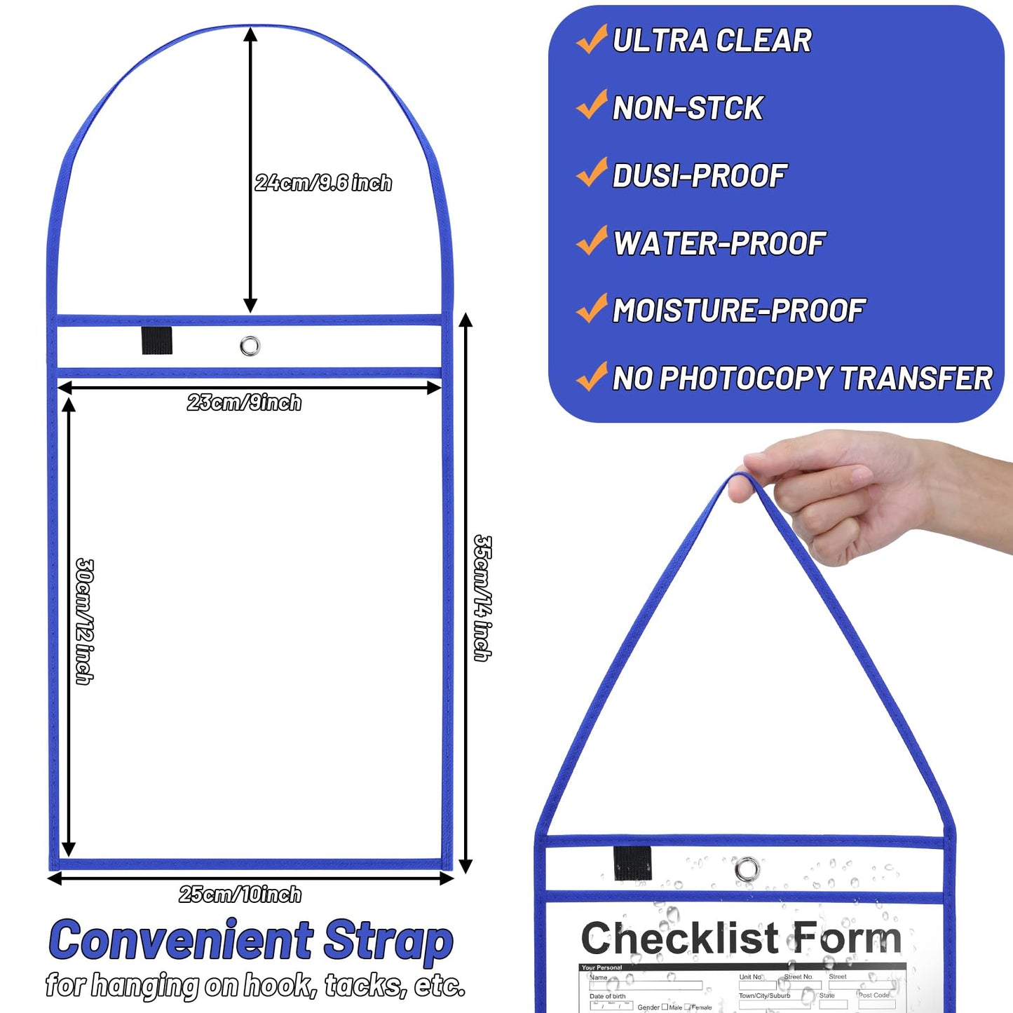 80 Pack Blue Job Ticket Holder with Hanging Strap Shop Bulk Oversized Ticket Holders Work Order Plastic Sleeves 10 x 14 Dry Erase Pockets Reusable Repair Order Sleeves, Both Sides Clear
