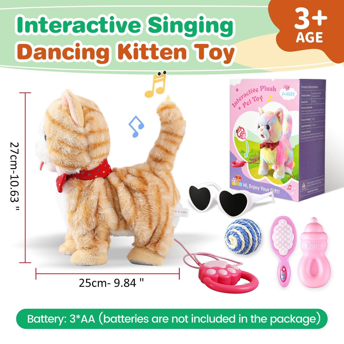 Yellow Pattern Leash Walking Cat Set Interactive Talking Toy Singing Dancing Kitten Mimicking Repeat What You Say Kitty Touch and Voice Control Nodding Wagging Tail Plush Electric Robot for Kid Girl