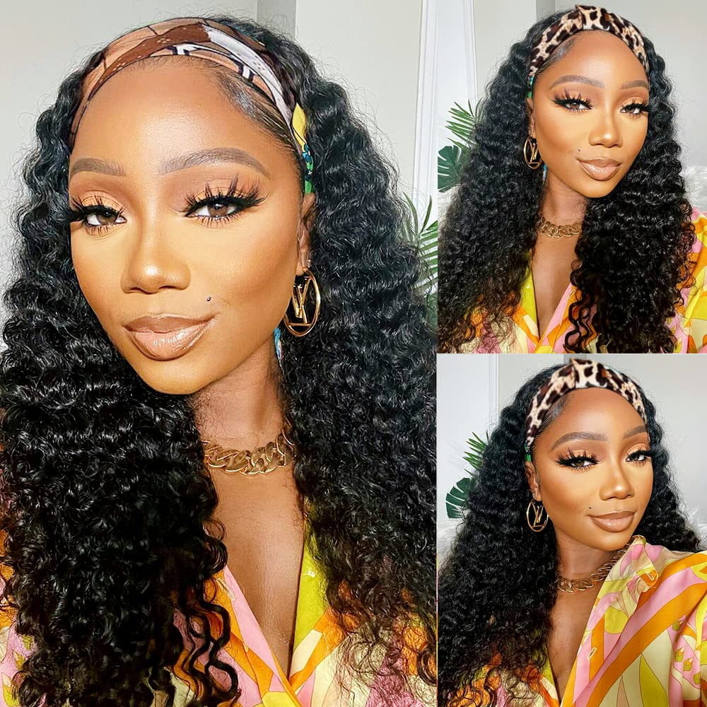 Lauberita Headband Wig Human Hair Wigs 14 Inch Wear and Go Glueless Wig Curly Deep Wave Headband Wig Natural Color