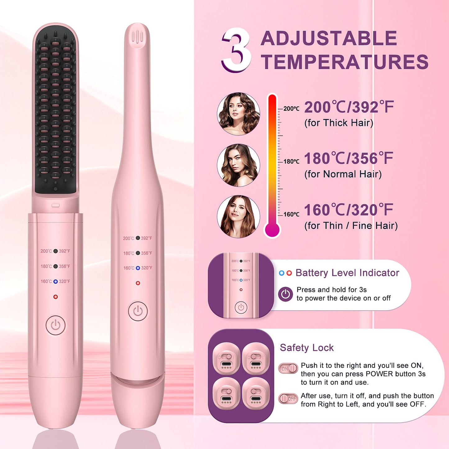 2Pcs Pink Cordless Portable Hair Straightener and Travel Hair Straightener Brush Set with Carrying Case, Hair Straightening Irons and Hot-Air Hair Brushes Set for Beauty and Personal Care