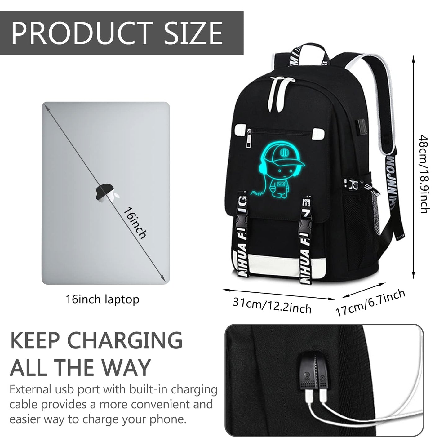 ASXMA Luminous Pattern Travel Laptop Backpack - Adjustable Shoulder Strap Waterproof Black Backpack With Usb Charging Port & Headphone Port School Backpack Includes Pencil Bag,combination Lock