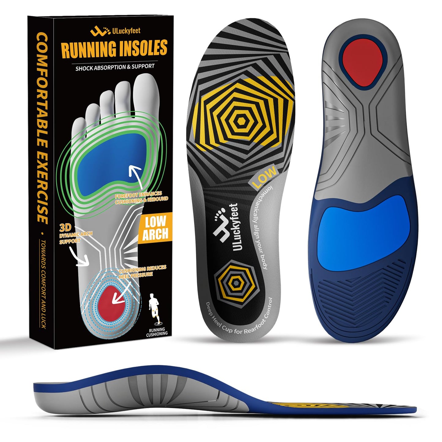 Plantar Fasciitis Relief Shoe Insoles, Running Insoles for Men Women & Extra Shock Absorption Boosts Sports Performance & Arch Support Inserts for Reduce Fatigue -Low Arch Running Shoe Inserts