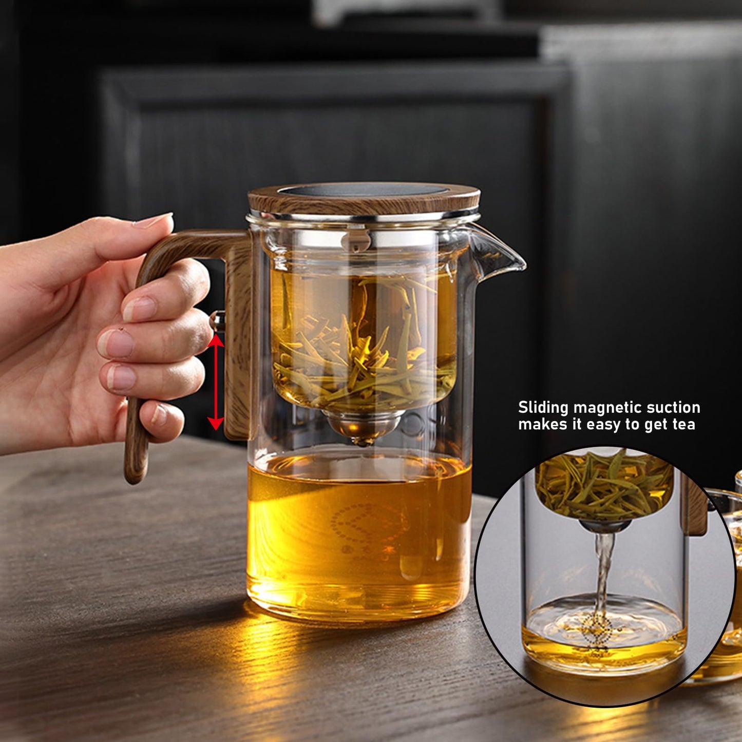 Xanadued Enchanti Tea Pot with Infusers for Loose Tea, 800ml/27.1oz Magic Teapot Infuser Pot, Water Separation Glass Teapot with Wooden Handle