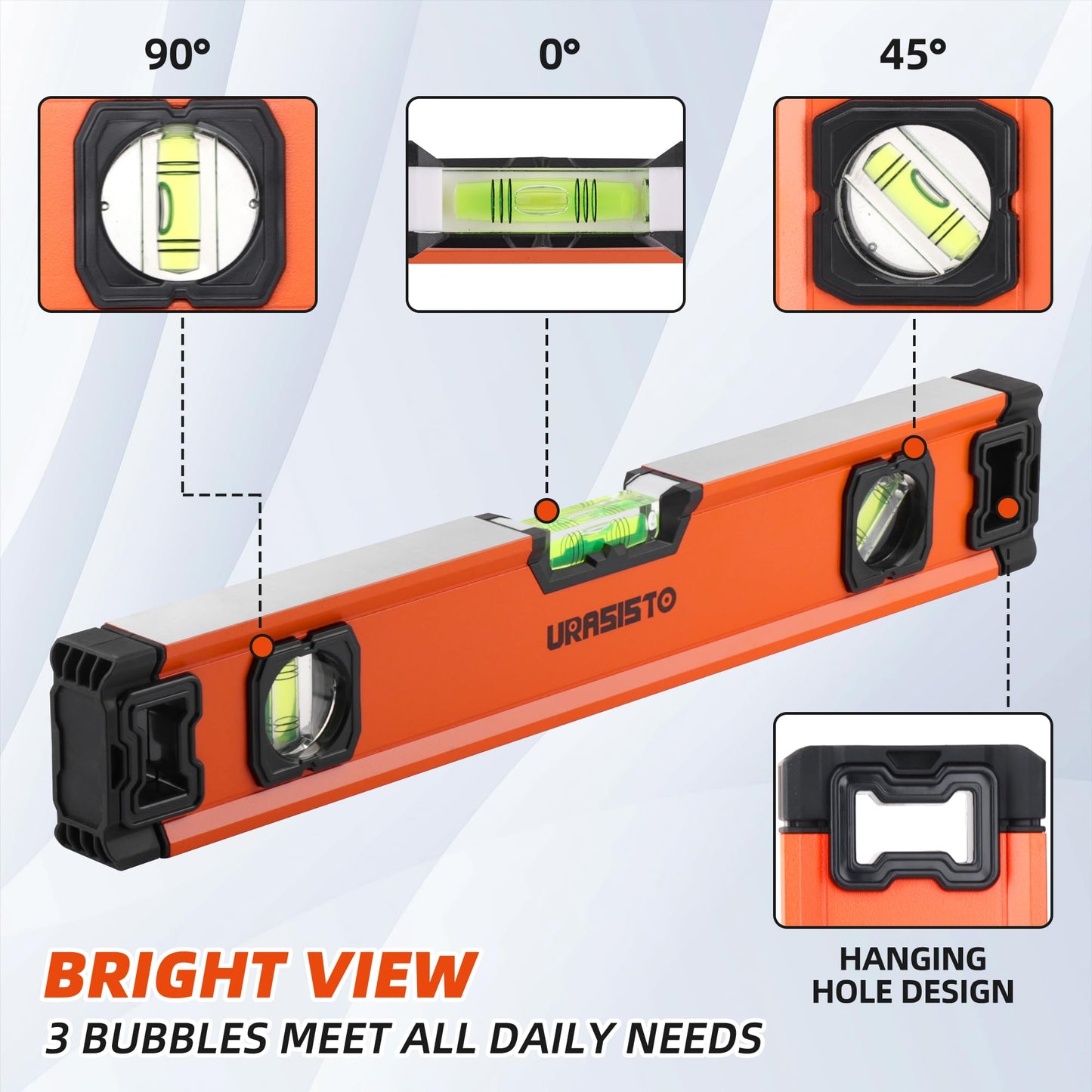 URASISTO 5-Piece Spirit Level Set, 10", 16", 24", 32", 48" Level Set with Magnetic Torpedo Level, 45°/90°/180°Bubbles Measuring, Aluminium Alloy Levels with Carrying Bag