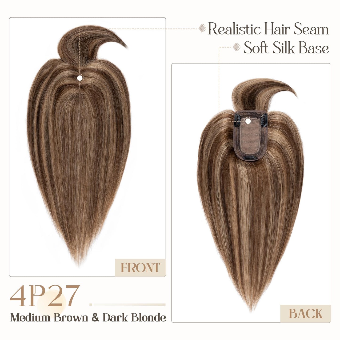 TESSHAIR Hair Toppers for Women Real Human Hair, 150% Density Silk Base Clip in Hair Extensions, Short Hair Topper Hair Pieces for Women with Thining Hair, Cover Gray Hair, With Bangs 12 Inch #4P27