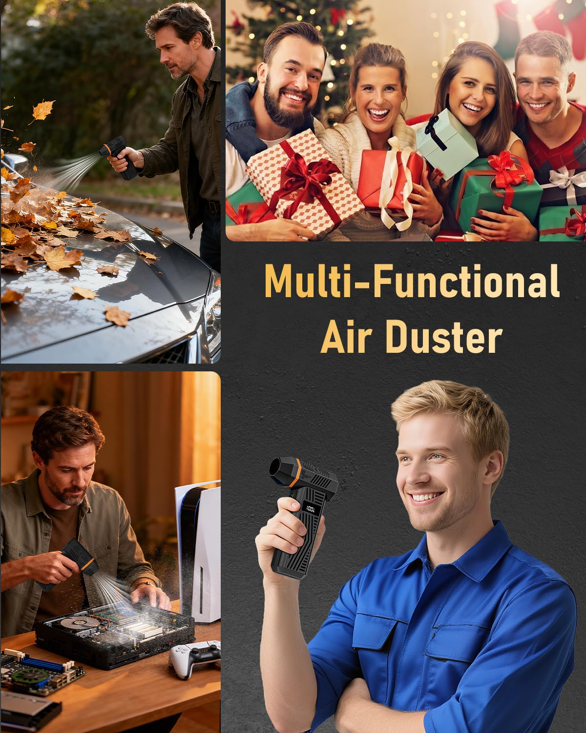 Compressed Air Duster, 180000RPM Electric Air Duster with 4-Speed Adjustable & Display Screen & LED Light & 5000mAh Battery, Rechargeable Cordless Electronics Air Blower for Keyboard/PC/Car