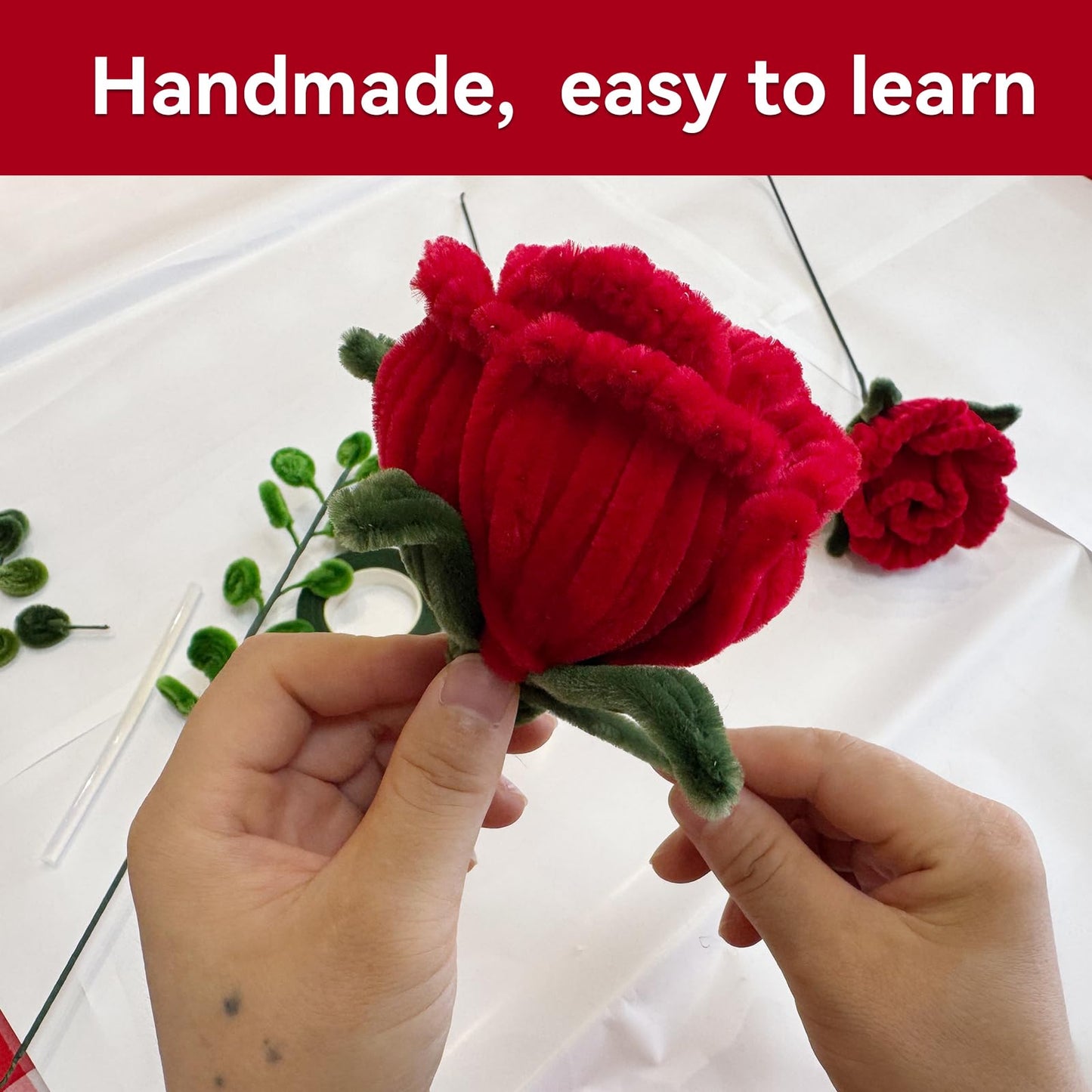 Chenille Stems Pipe Cleaners,Roses DIY Flower Bouquet Kit 700pcs(Red and Green) Flower Making Craft Materials(32Flowers),Art and Craft Supplies