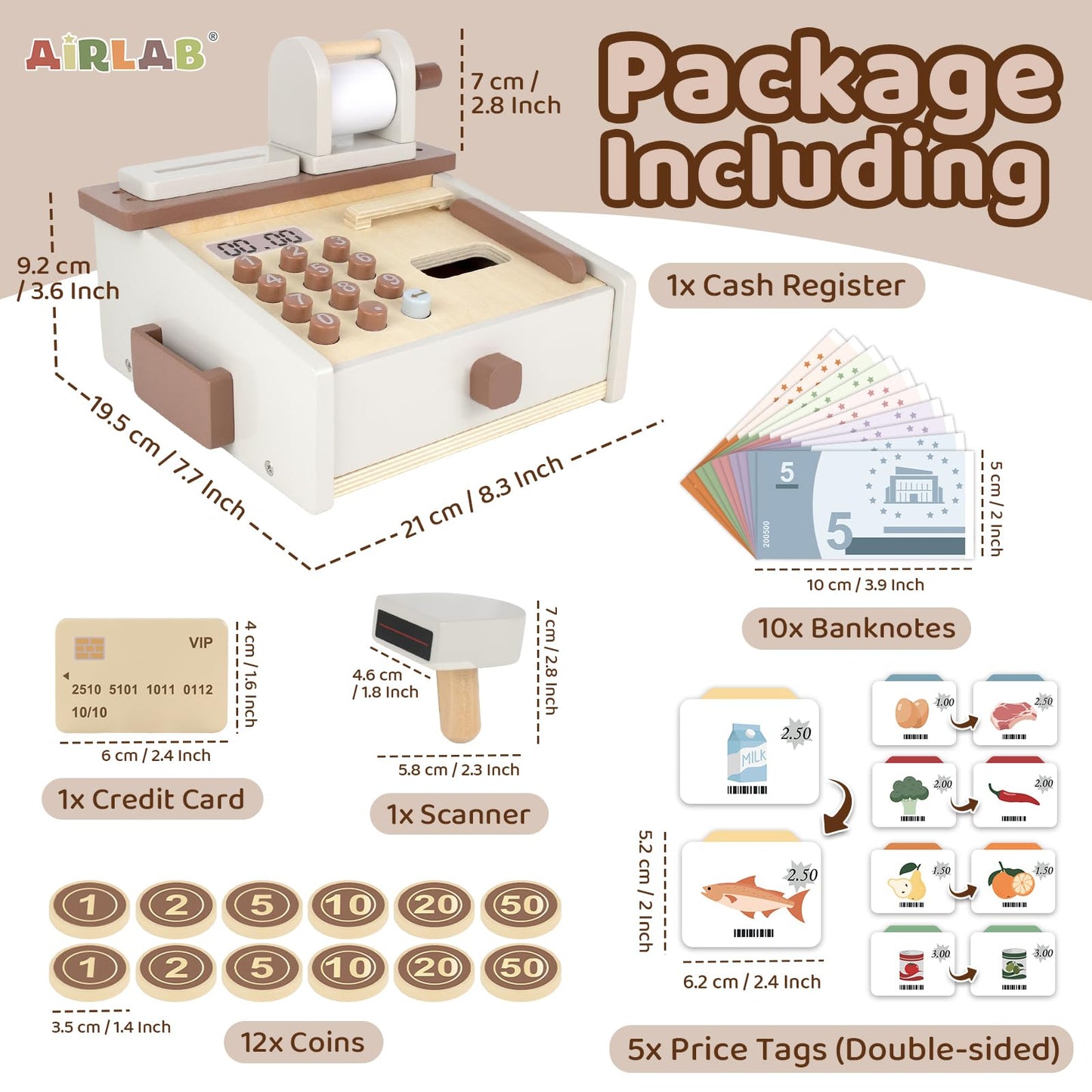 Cash Register Toy for Kids Play Money Birthday Gift for Toddler 3 4 5 Year Old Girls Boys with Scanner Pretend Play Toddler Toys Store Educational Preschool Toys with Wooden Coins Prop Money