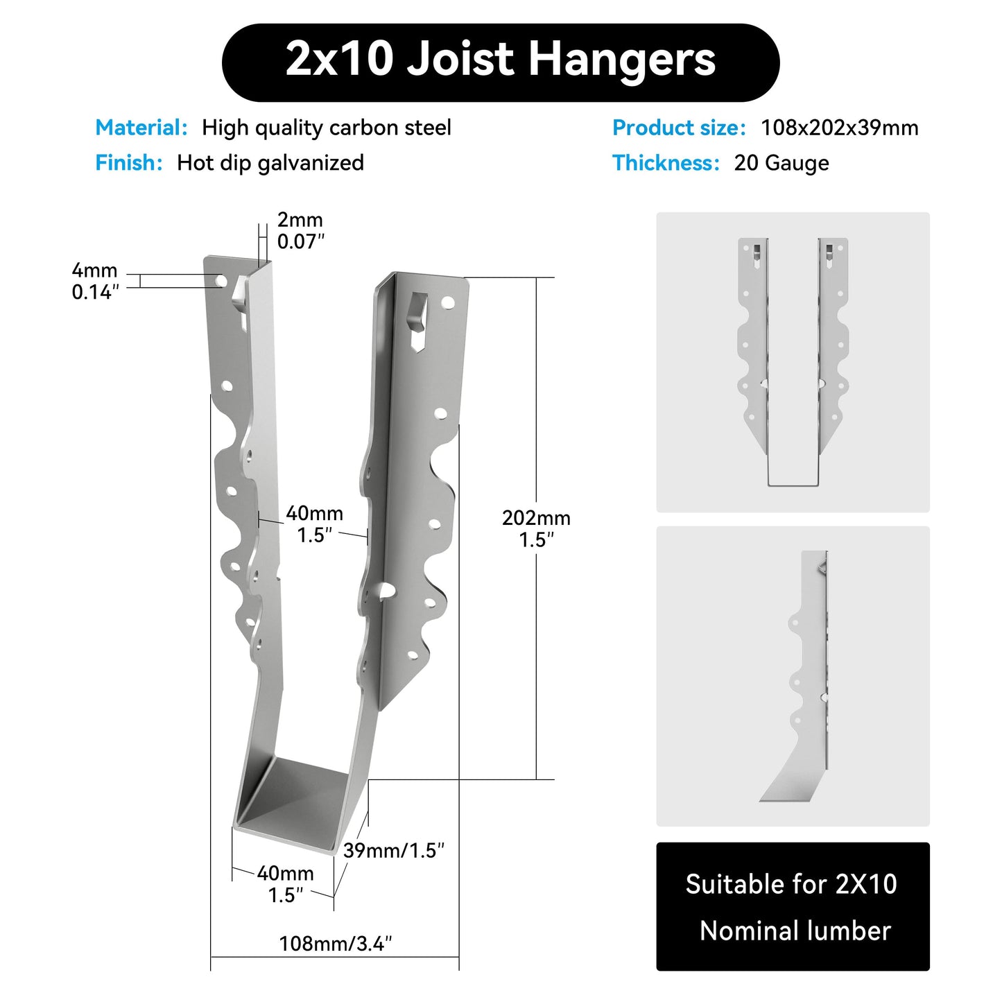 Herbert-fty 2X10 Joist Hanger 20 Gauge LU210 Galvanizing Face Mount Joist Hangers for Wood Hurricane Ties Widely Applicable Rafter Ties - 20 pk