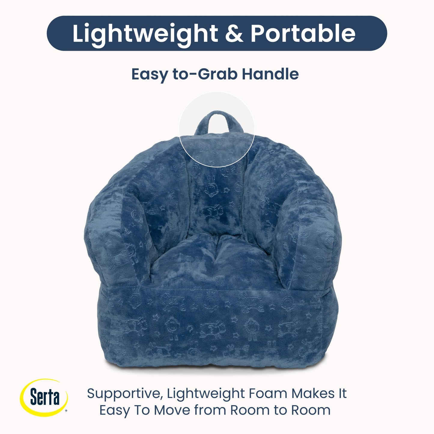Delta Children - Serta Kids Plush Barrel Toddler Chair, Soft Foam Chair Bean Bag Chair Alternative for Boys and Girls, Cozy Seat for Reading, Watching Cartoons, Playroom Nursery Bedroom, Denim Blue