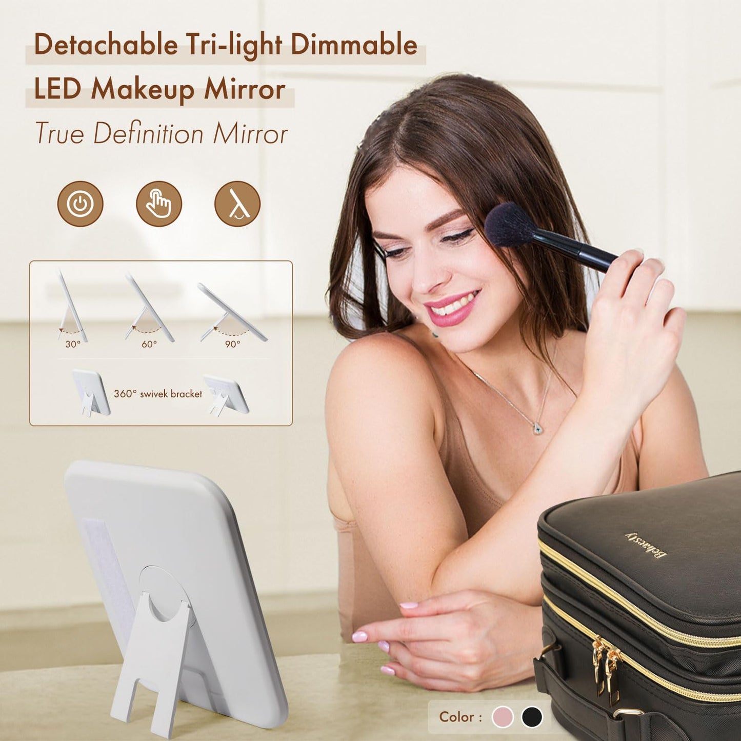 Behaesty Travel Makeup Bag with LED Mirror Double Layer, Detachable Vanity Mirror with Lights, Tri-light Dimmable, Makeup Case with Adjustable Dividers and Brush Holder Cosmetic Organizer Storage Box