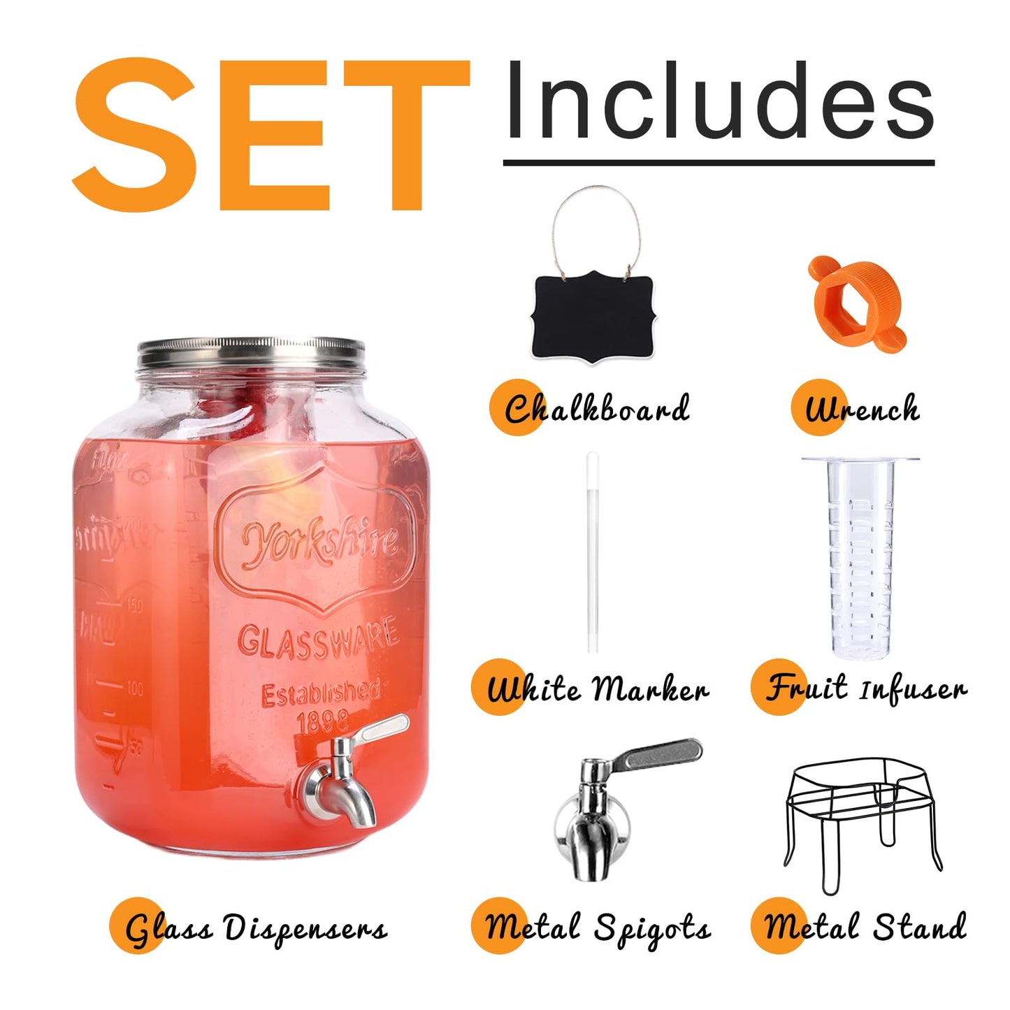2 Gallon Glass Drink Dispenser For Parties,Beverage Dispenser with Stand,Lemonade Dispenser with 18/8 Stainless Steel Spigot Leakproof for Sun Tea,Homemade Juice,Picnic
