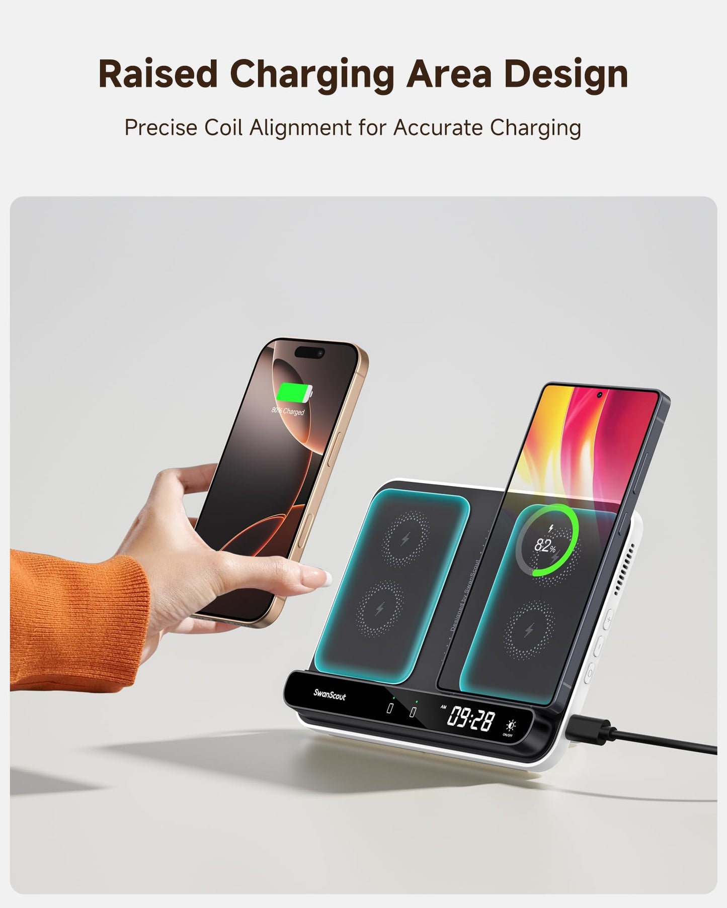 Dual Wireless Charger Stand, SwanScout 504, Foldable Wireless Charging Station Pad for iPhone Air/17/16/15 Series, Samsung Galaxy S25/S24/S23, Google Pixel 10/9/8, Android Phones, AirPods/Galaxy Buds